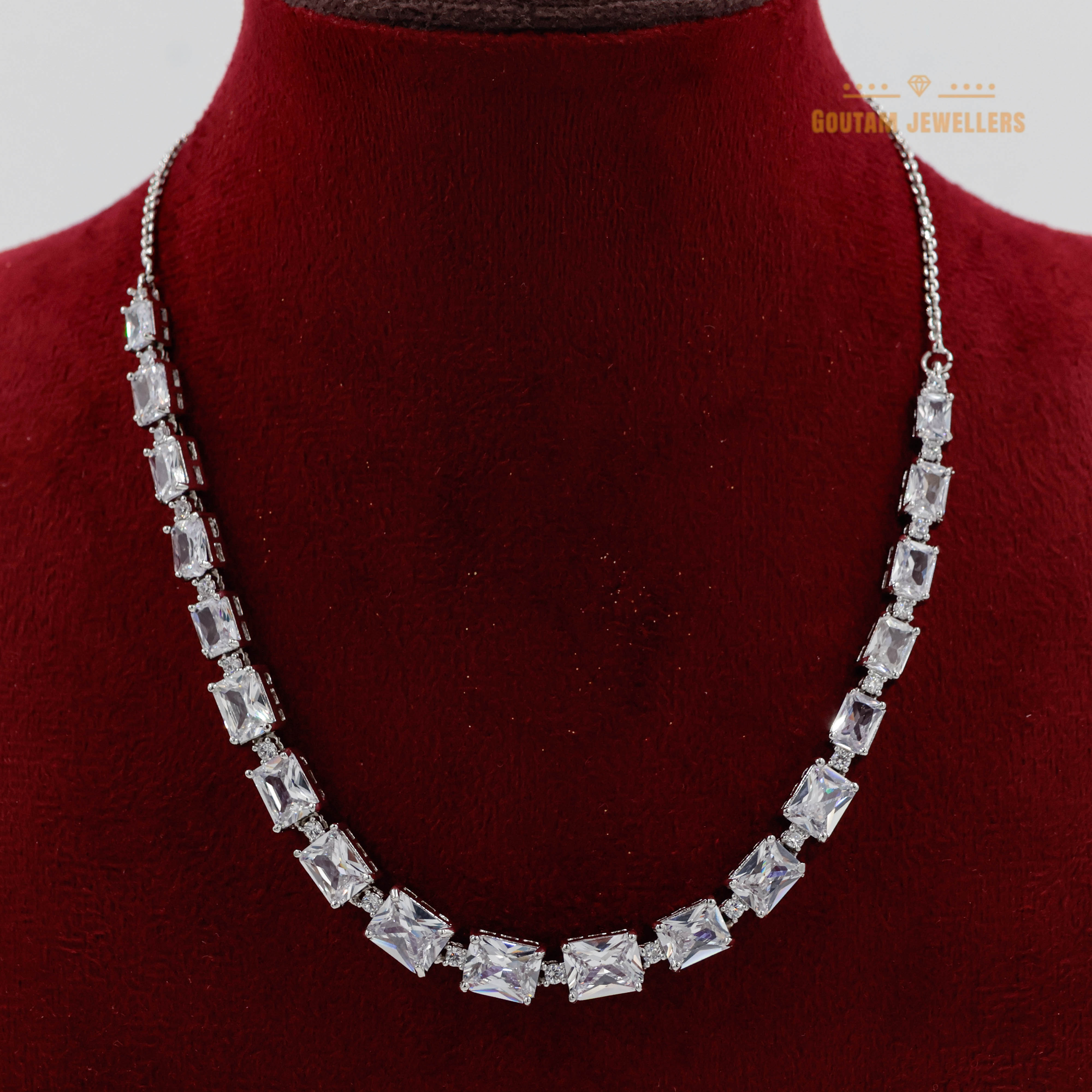 Goutam Jewellers By Ashok Rathod - Imported Square Stone Silver Polish Solitare Cz Necklace Set