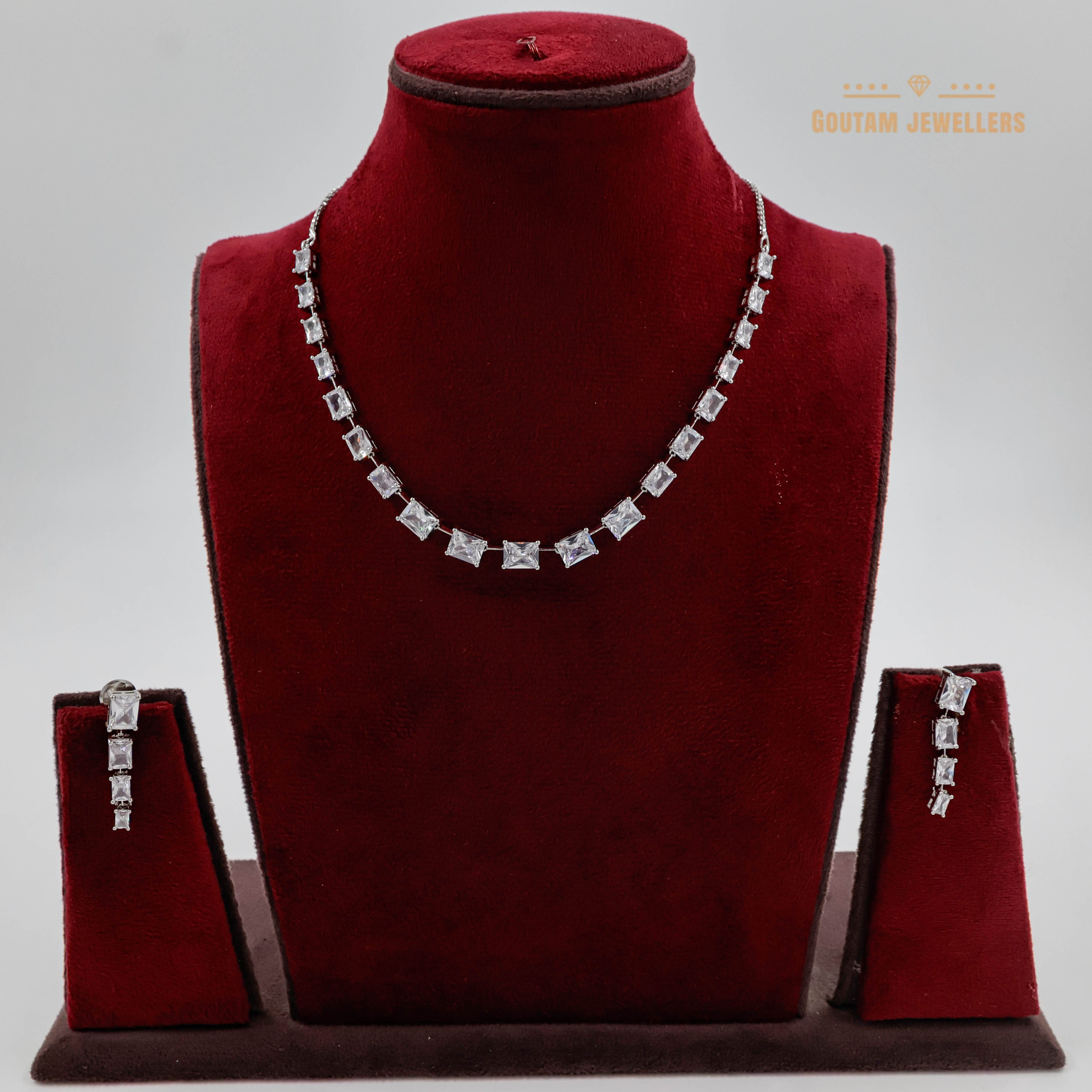 Goutam Jewellers By Ashok Rathod - Square Stone Silver Polish Solitare Cz Necklace Set