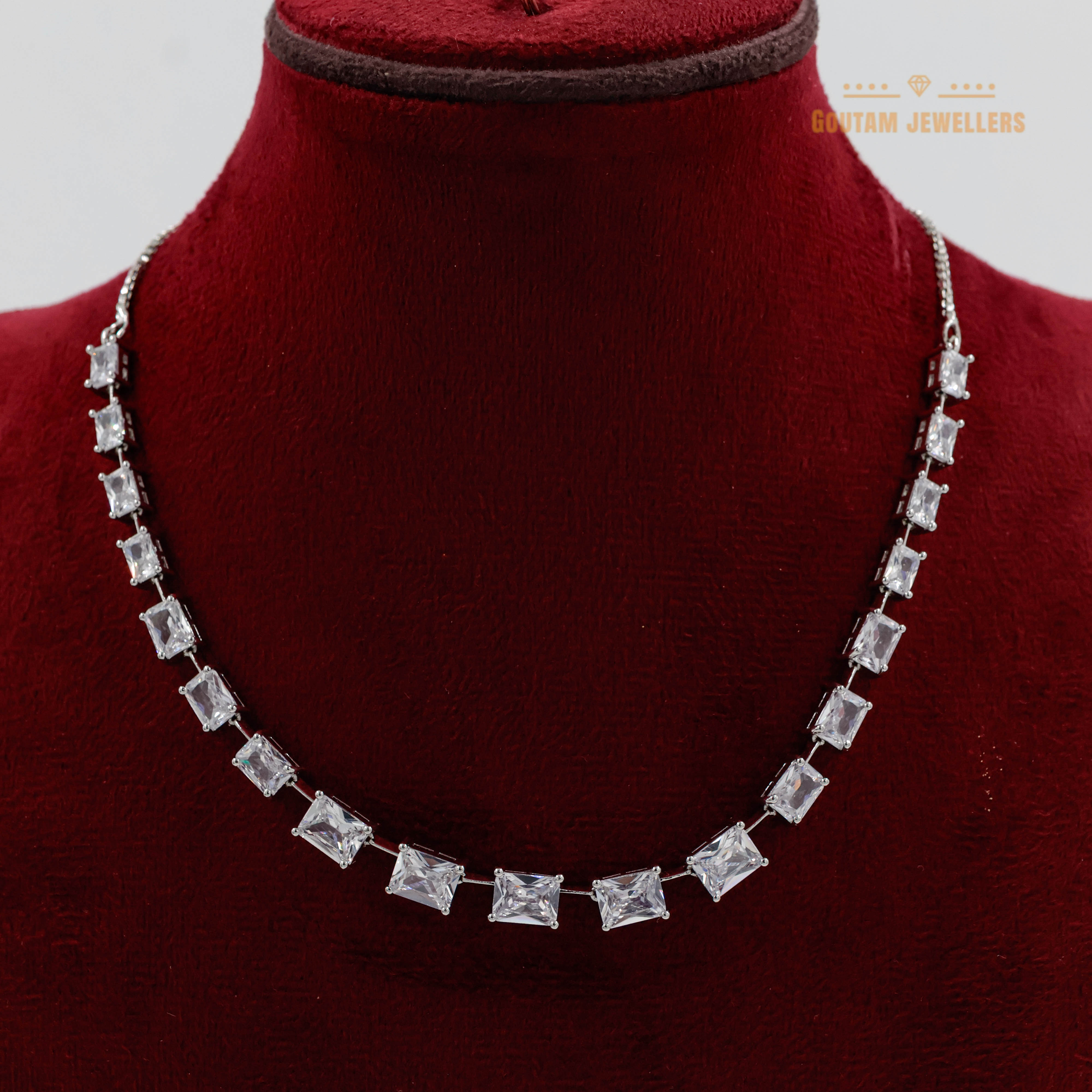Goutam Jewellers By Ashok Rathod - Square Stone Silver Polish Solitare Cz Necklace Set