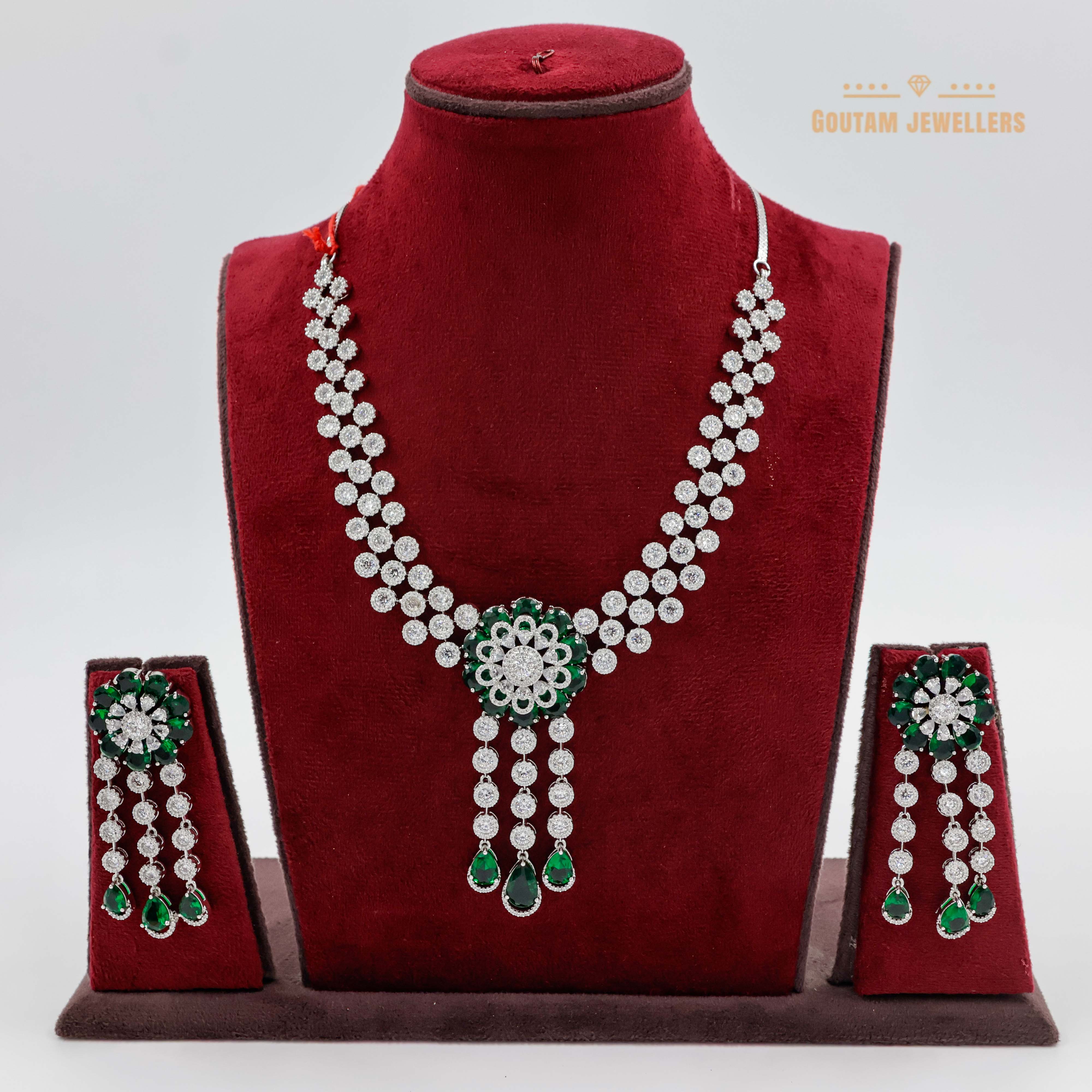 Goutam Jewellers By Ashok Rathod - Swarovski Setting Emerlad Stone Flower Design CZ Necklace Set