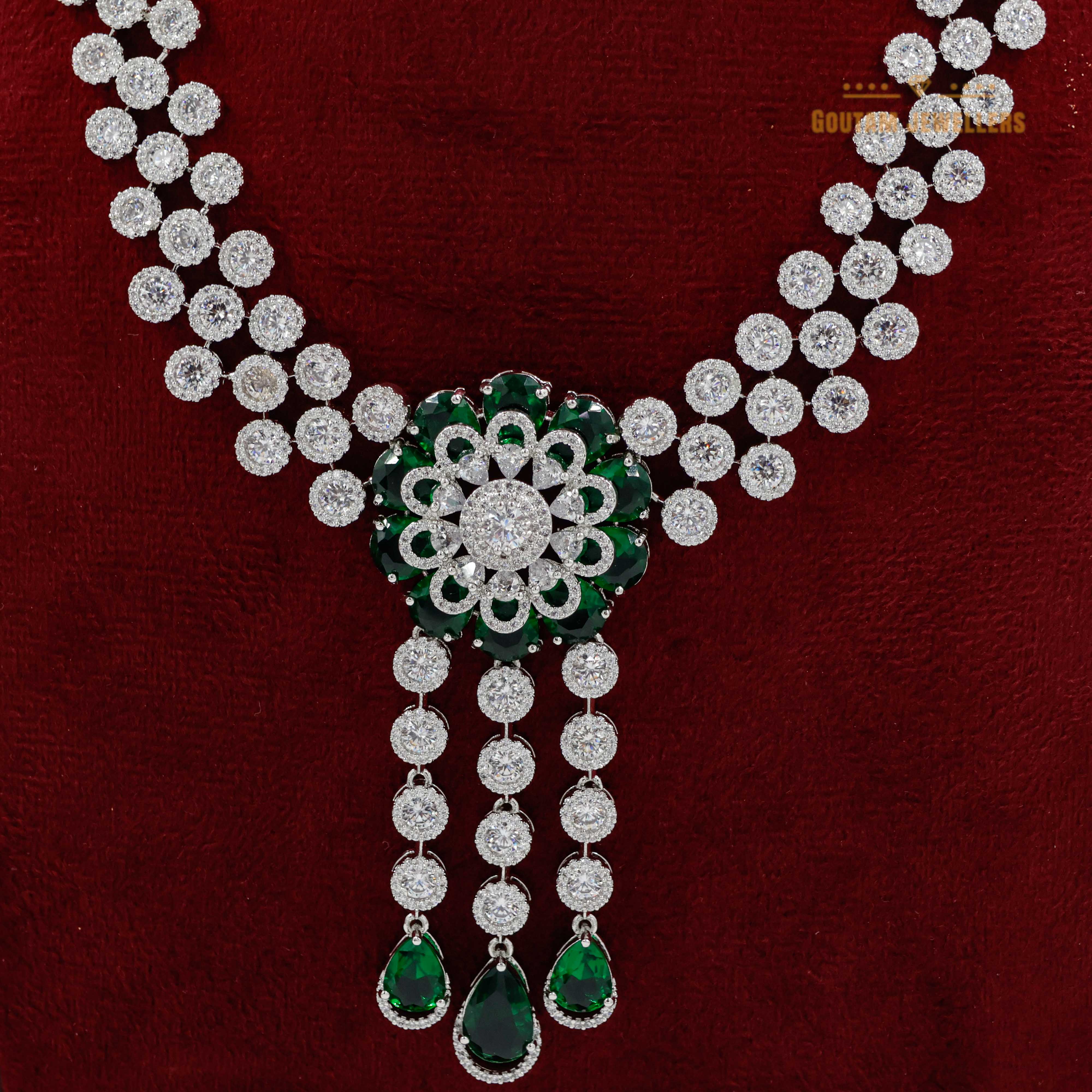 Goutam Jewellers By Ashok Rathod - Swarovski Setting Emerlad Stone Flower Design CZ Necklace Set