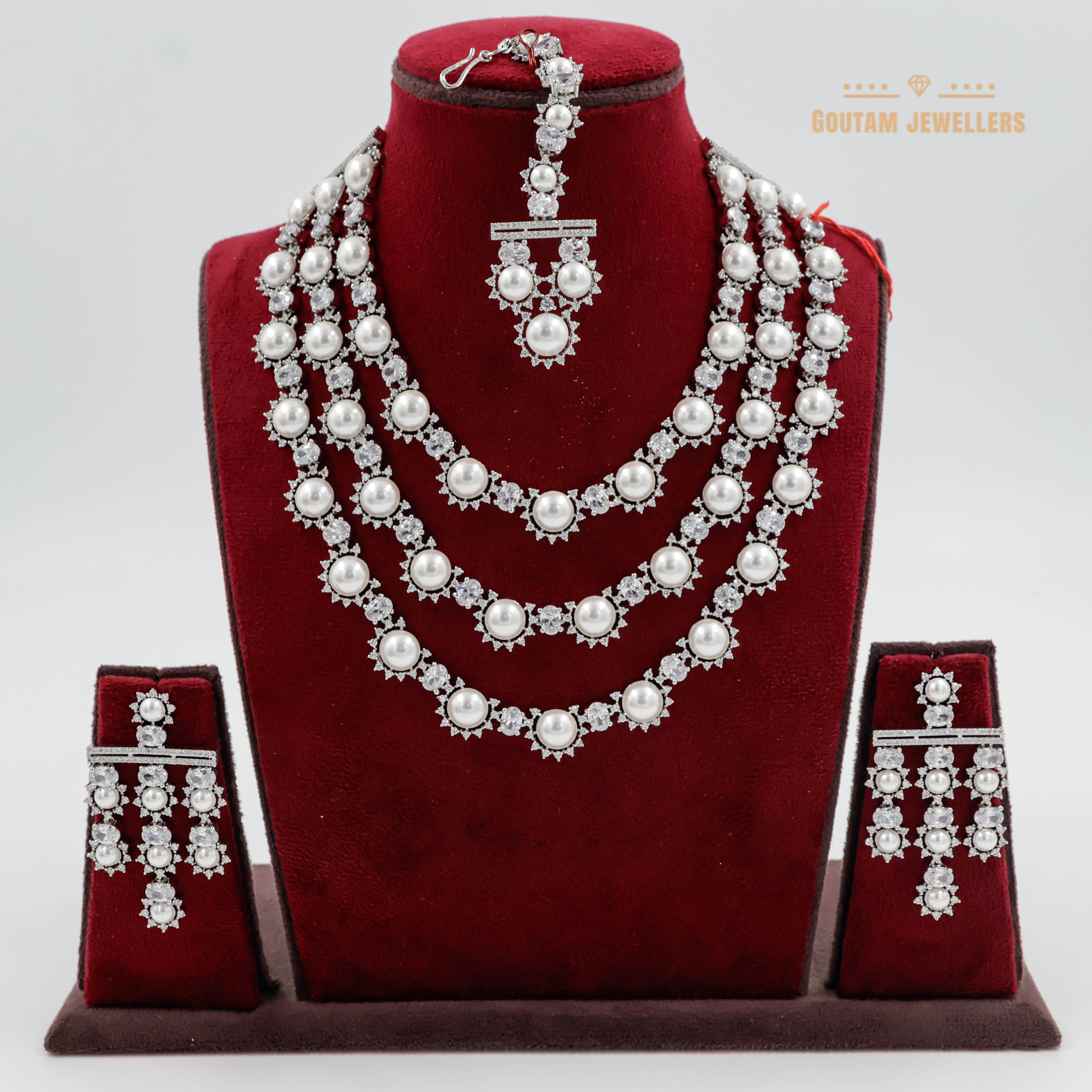 Goutam Jewellers By Ashok Rathod - 3 LayeRed Designer Moti Setting Silver Polish Cz Necklace Set