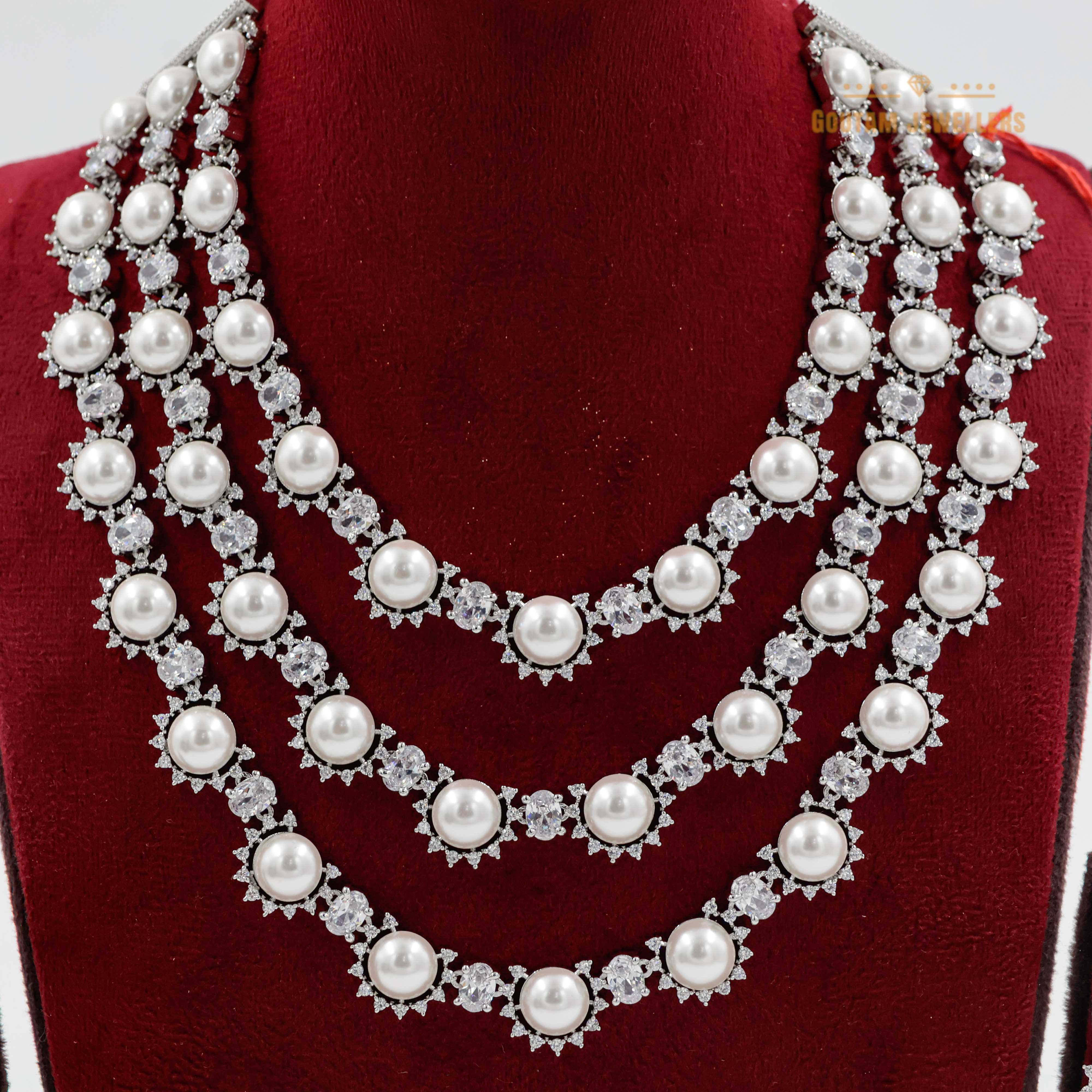 Goutam Jewellers By Ashok Rathod - 3 LayeRed Designer Moti Setting Silver Polish Cz Necklace Set