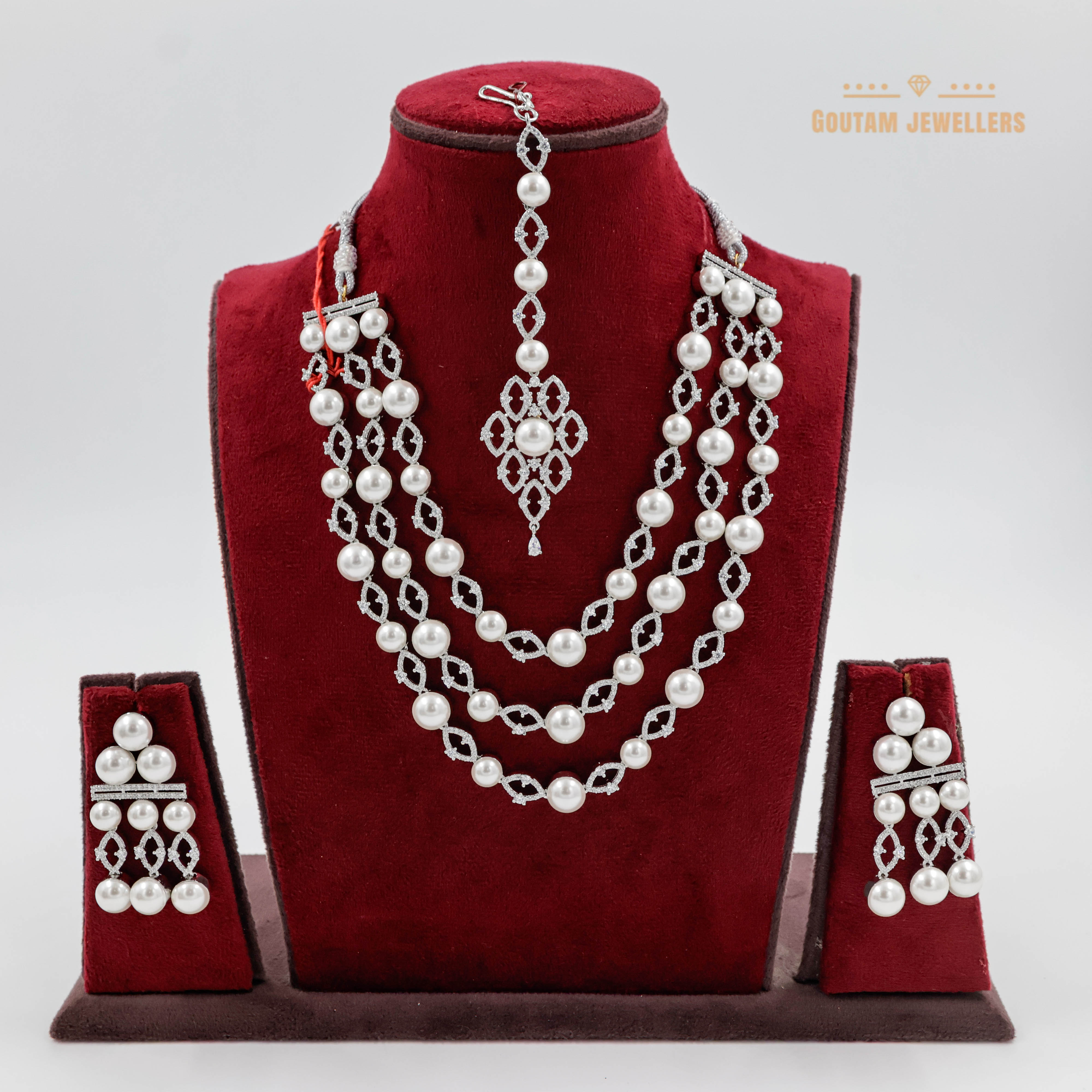 Goutam Jewellers By Ashok Rathod - 3 Layere Fancy Moti Setting Silver Polish Cz Necklace Set