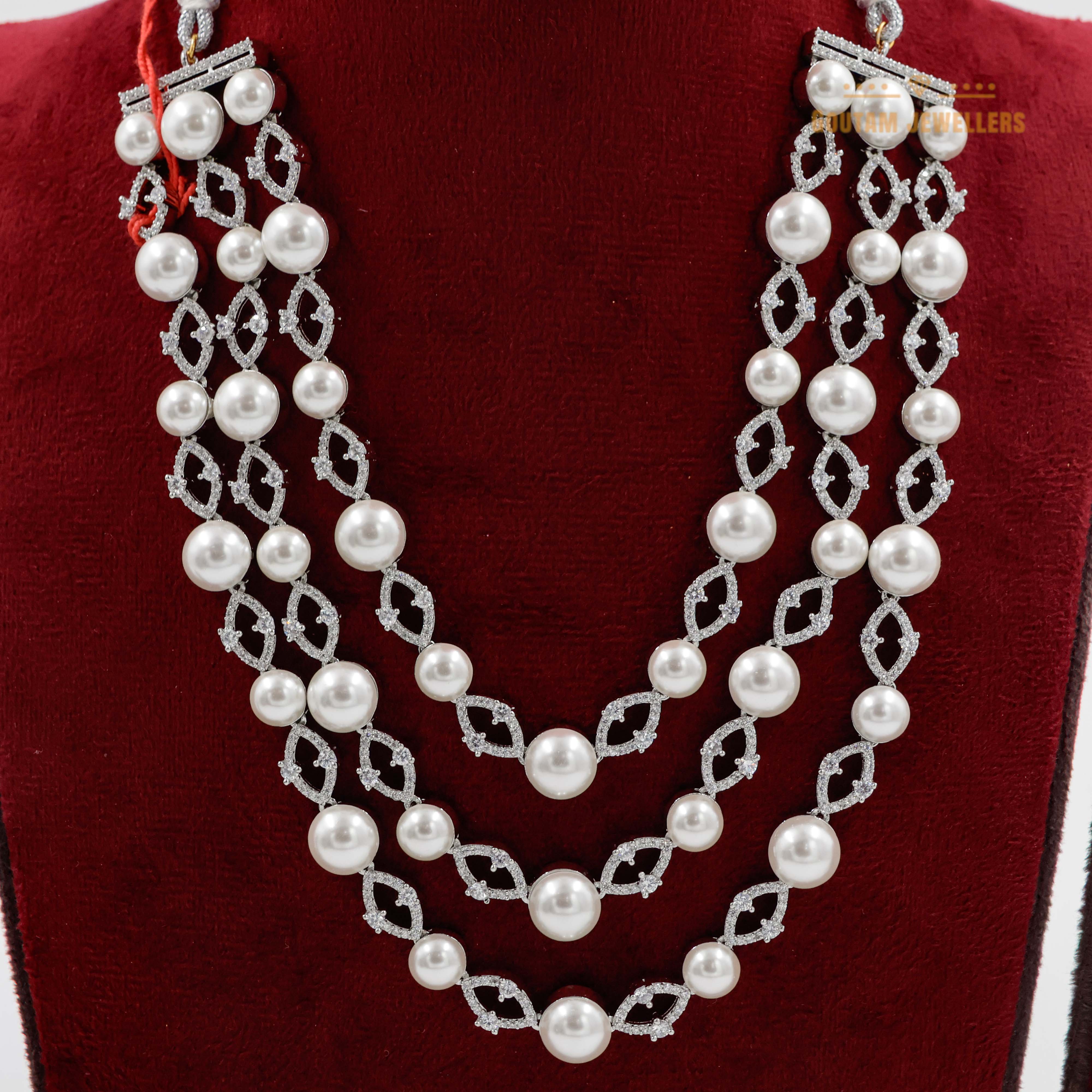 Goutam Jewellers By Ashok Rathod - 3 Layere Fancy Moti Setting Silver Polish Cz Necklace Set