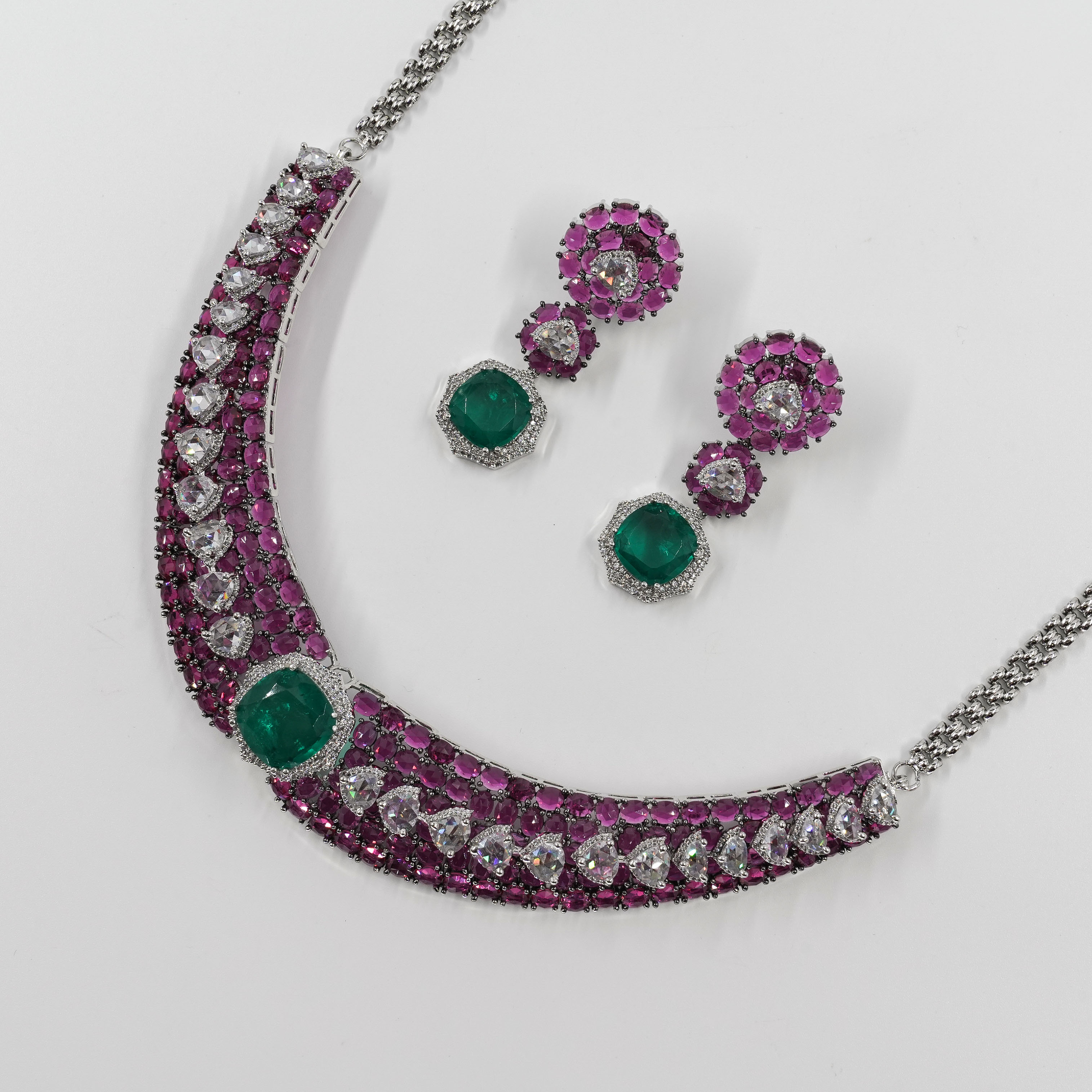 Goutam Jewellers By Ashok Rathod - Evana Ruby & Emerald Diamond Zircon Statement Necklace Set