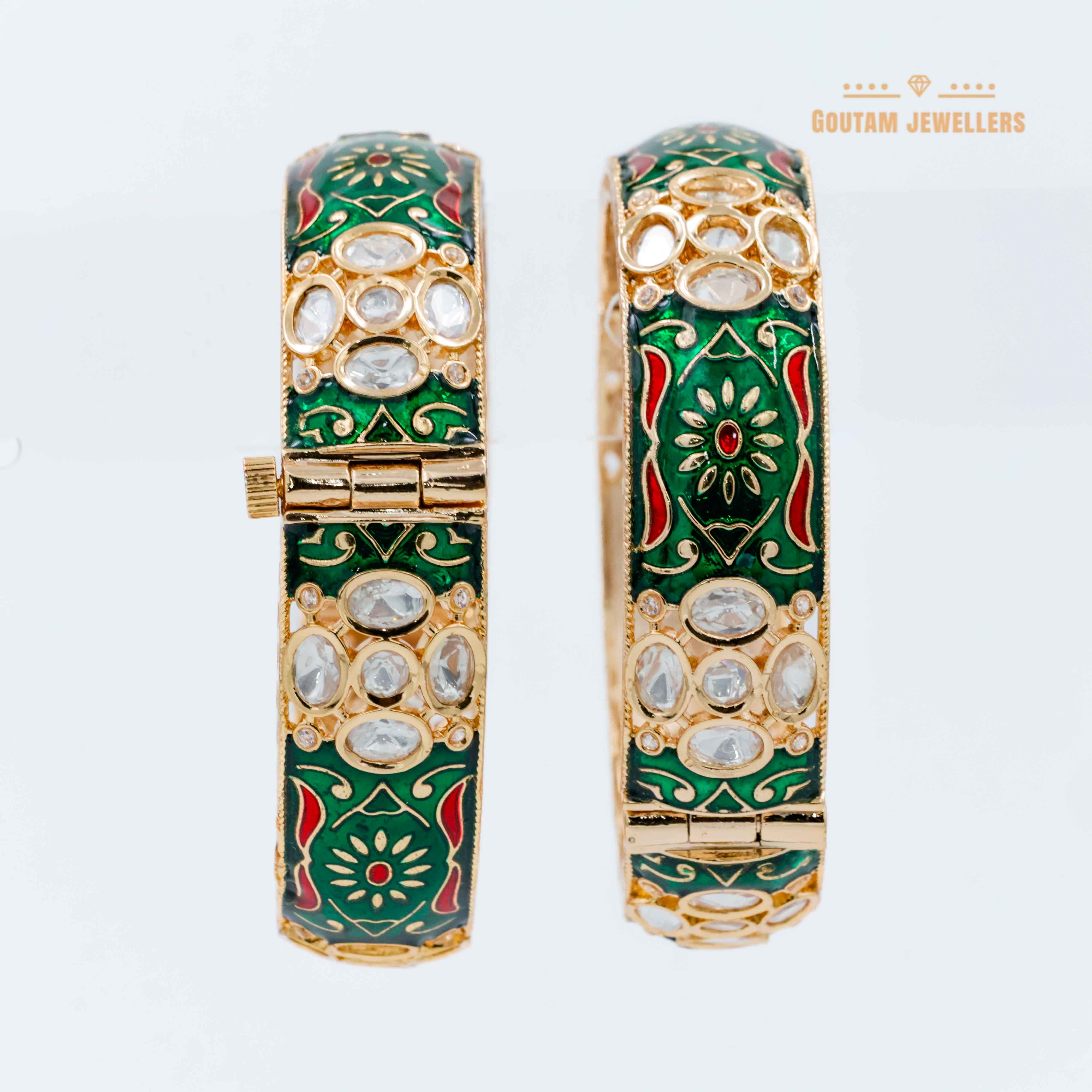 Green Meenakari Polki Openable Bangles