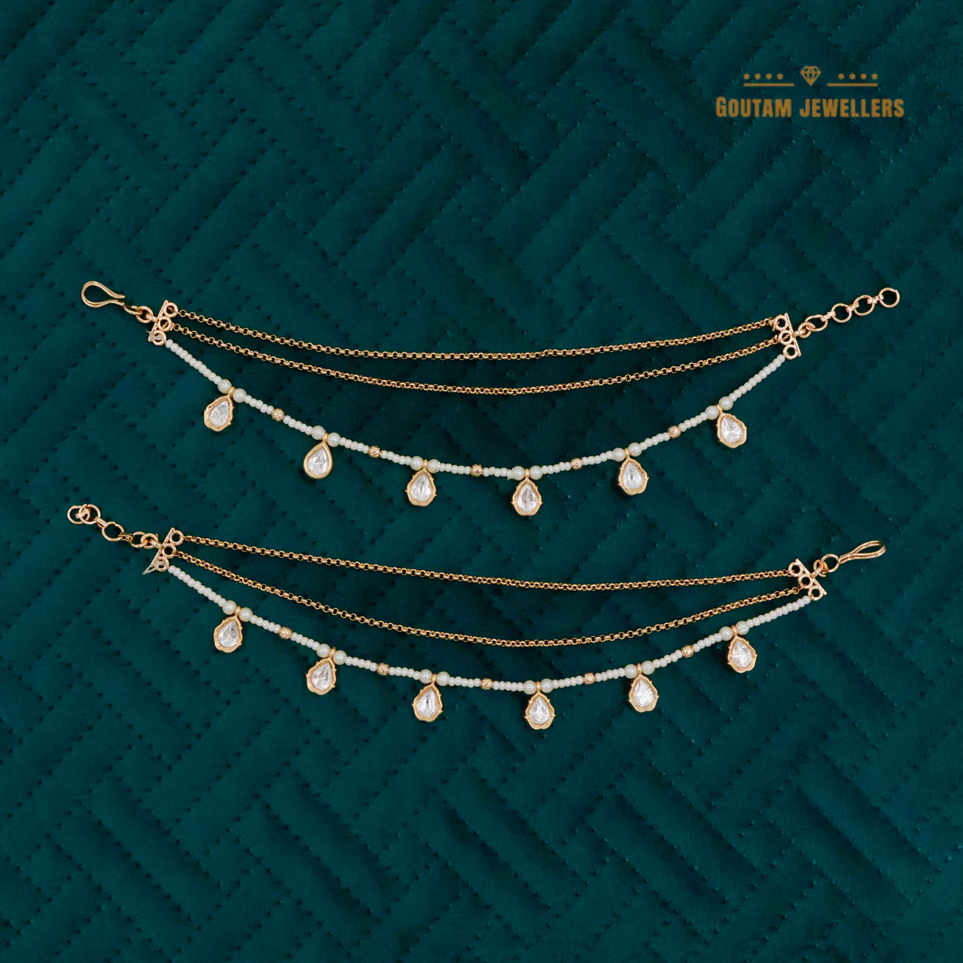 Goutam Jewellers By Ashok Rathod - Tilak Shape Pearl Polki Designer Ear Chains