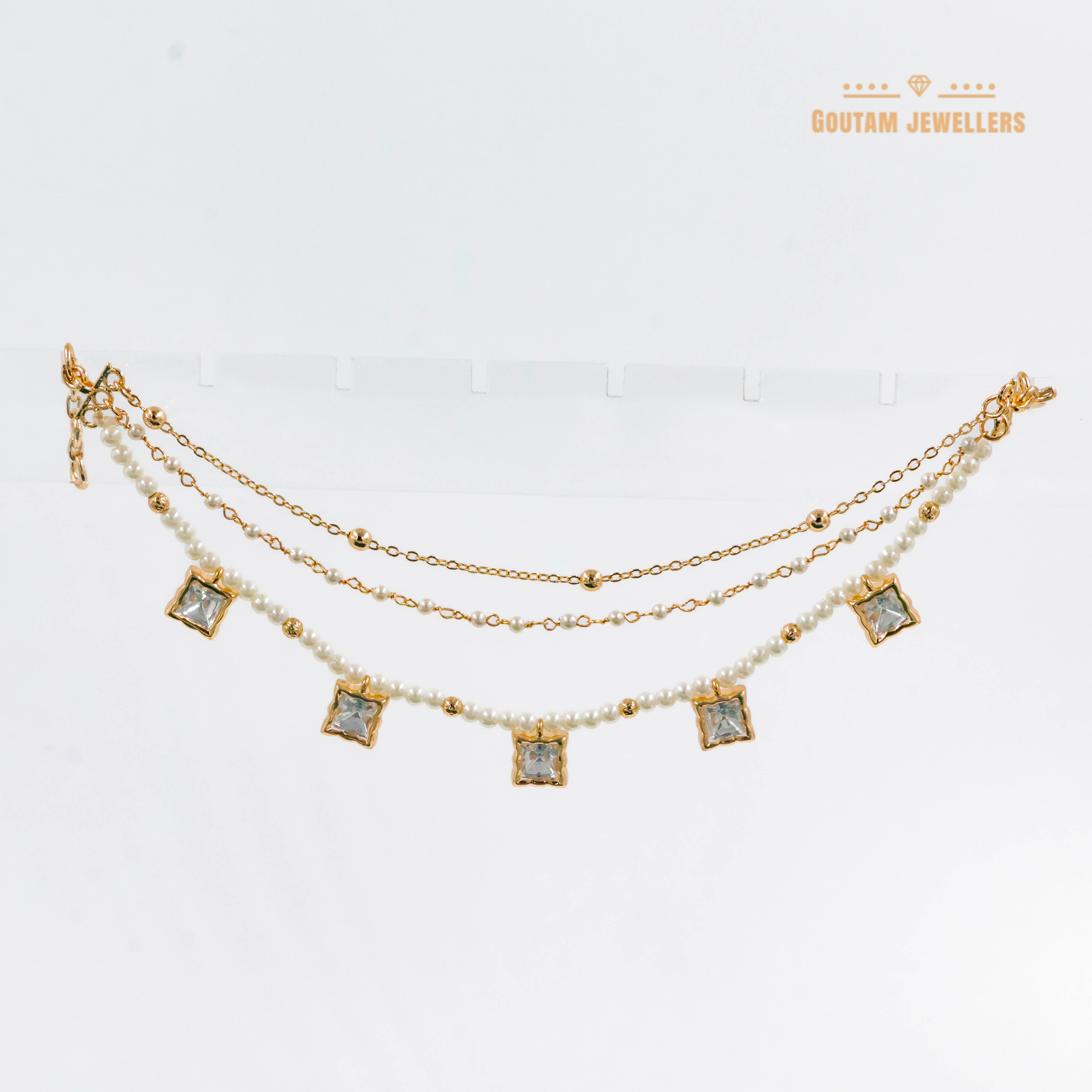 Goutam Jewellers By Ashok Rathod - Sqaure Shape Pearl Polki Designer Ear Chains