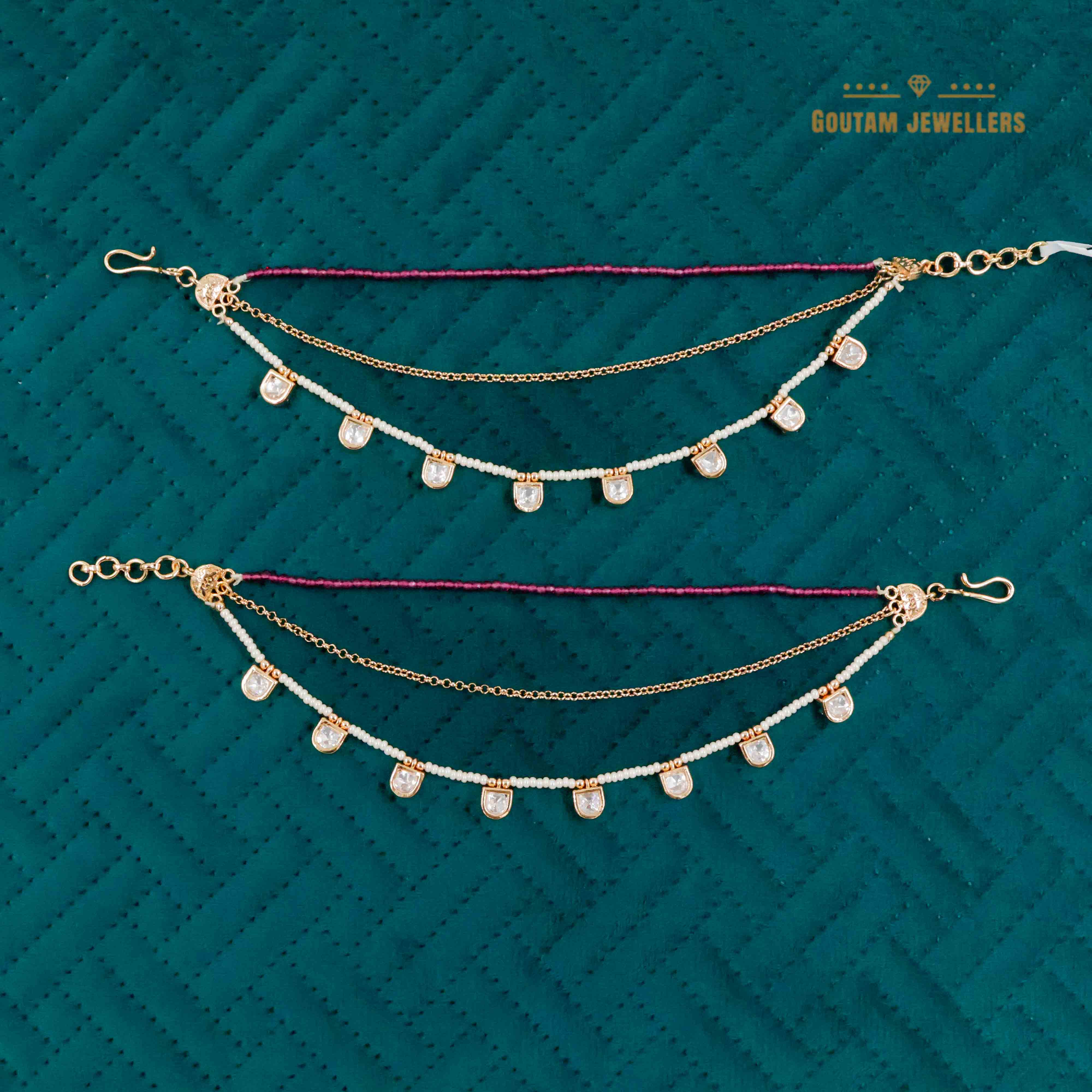 Goutam Jewellers By Ashok Rathod - Semi Shape Ruby with Pearl Polki Designer Ear Chains