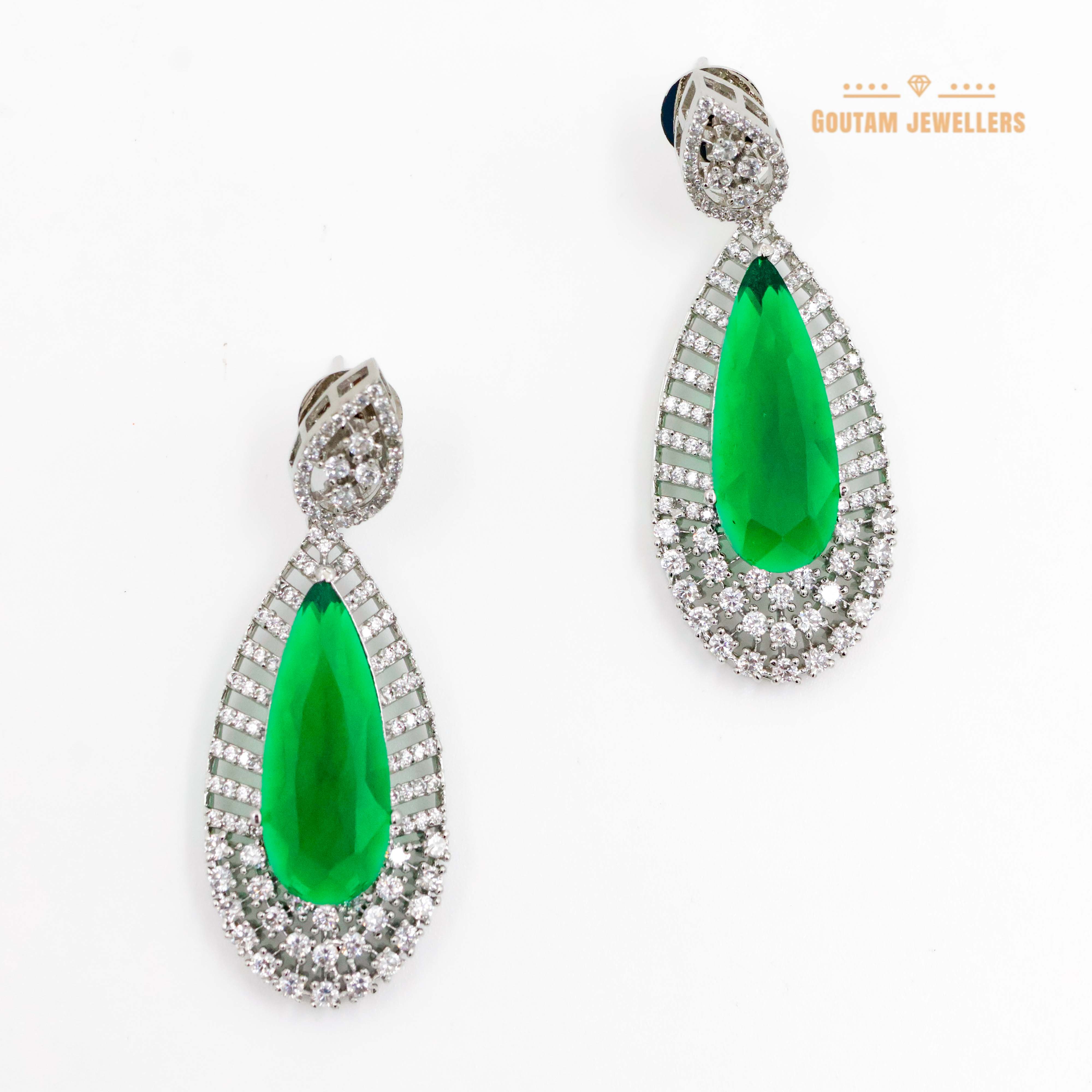 Rhodium Plated Emerald Stones Stlyish Cz Earrings