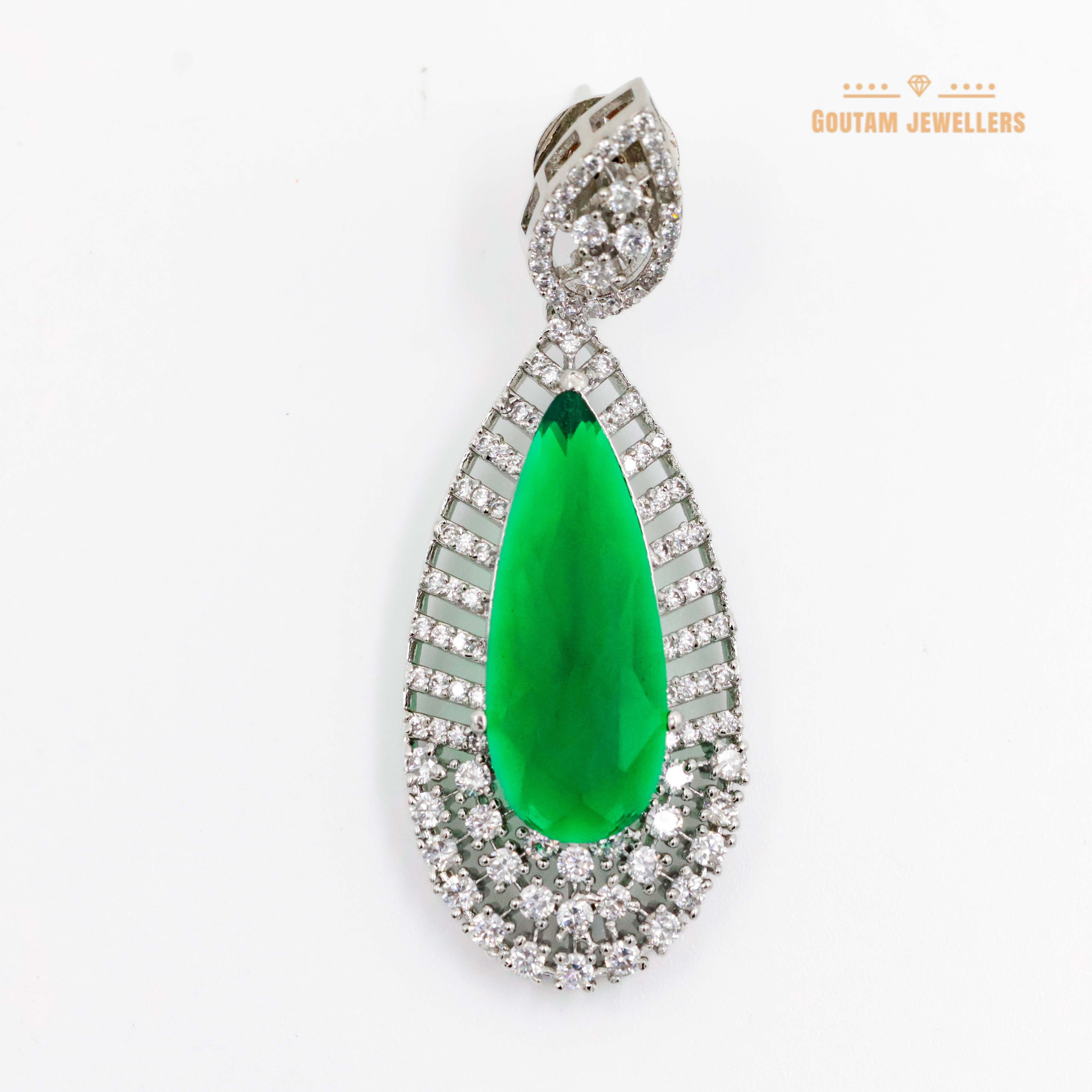 Goutam Jewellers By Ashok Rathod - Rhodium Plated Emerald Stones Stlyish Cz Earrings
