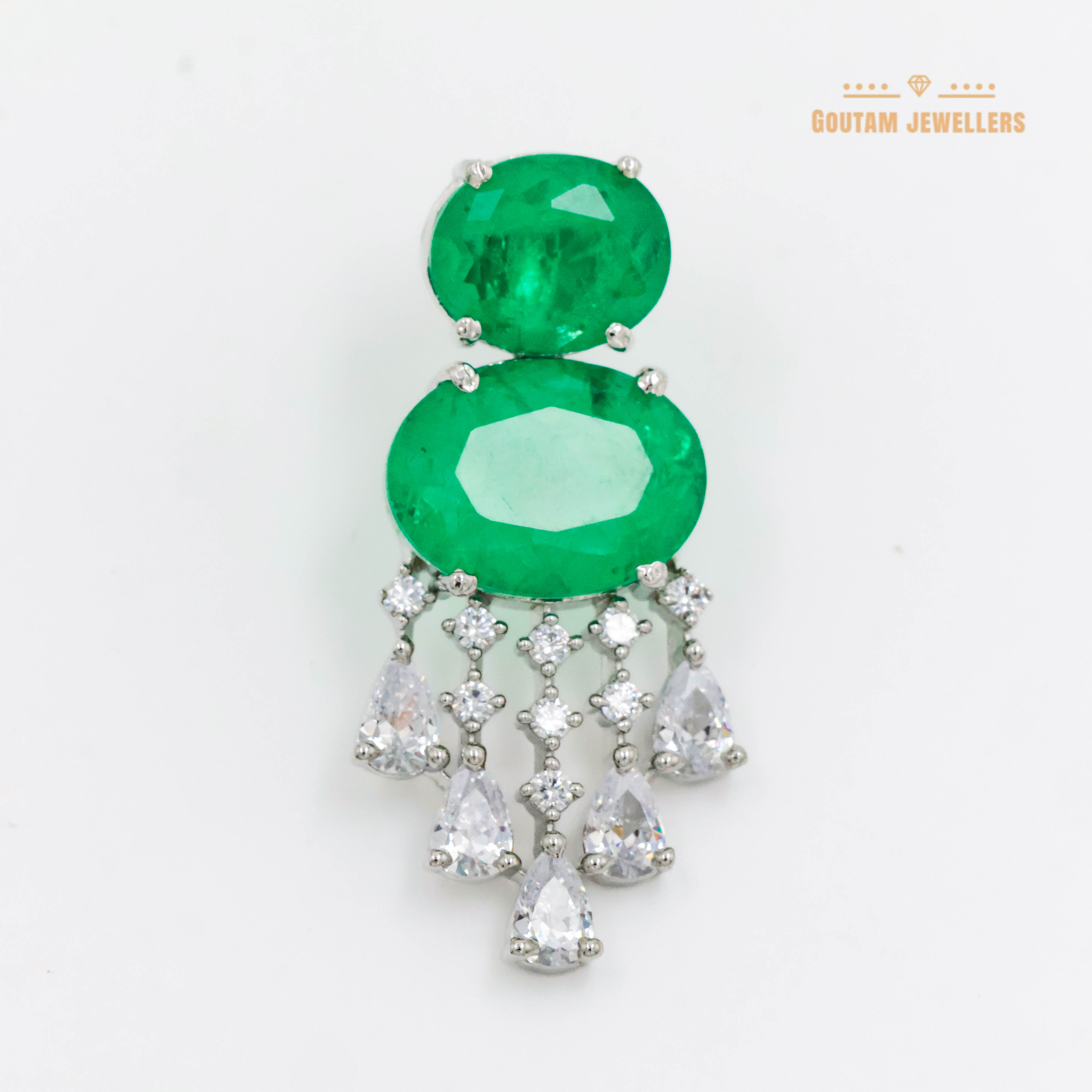 Goutam Jewellers By Ashok Rathod - Rhodium Plated Stylish Green Onex Stones Cz Earrings