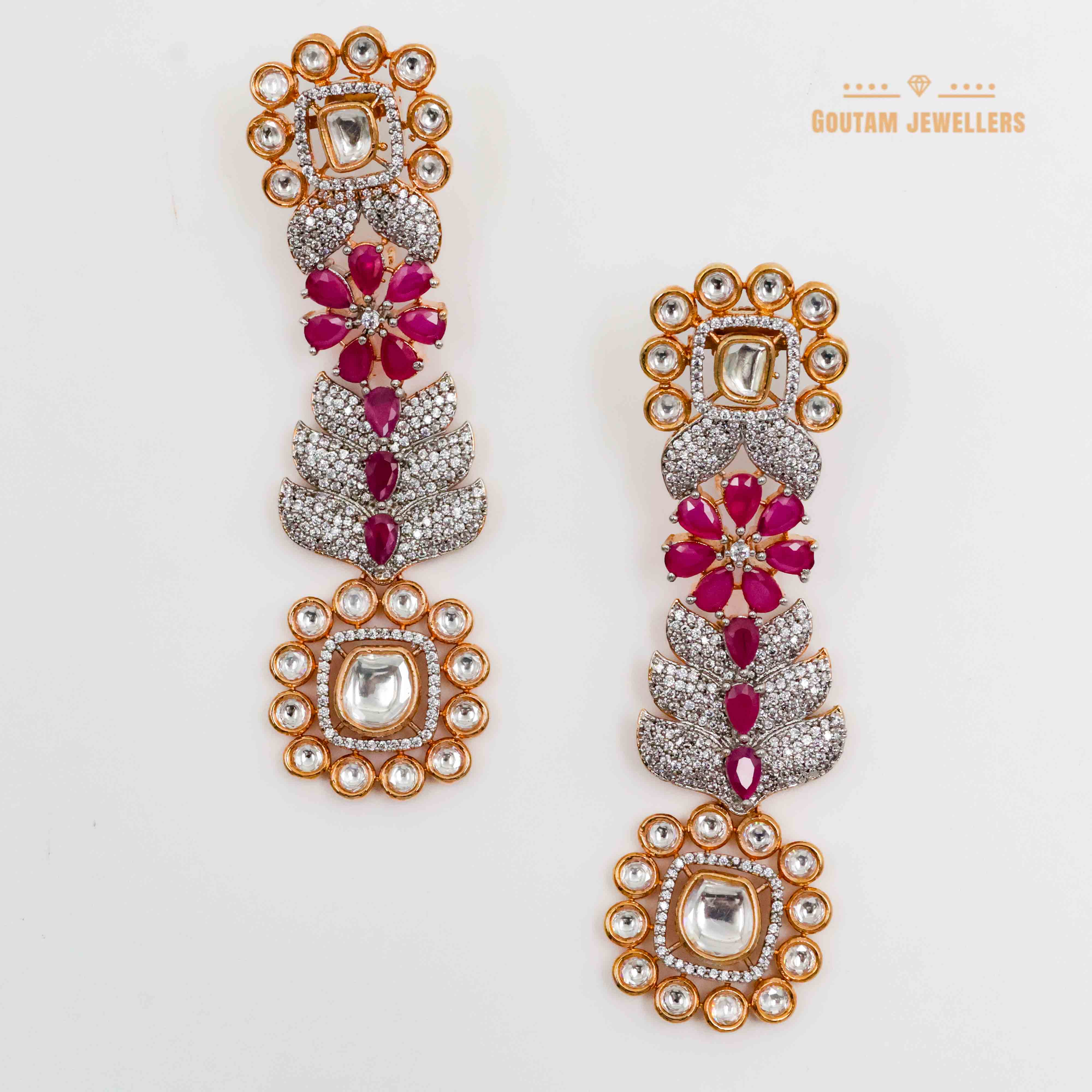 Rose Gold Plated Fancy Ruby Stones Studded Cz Earrings