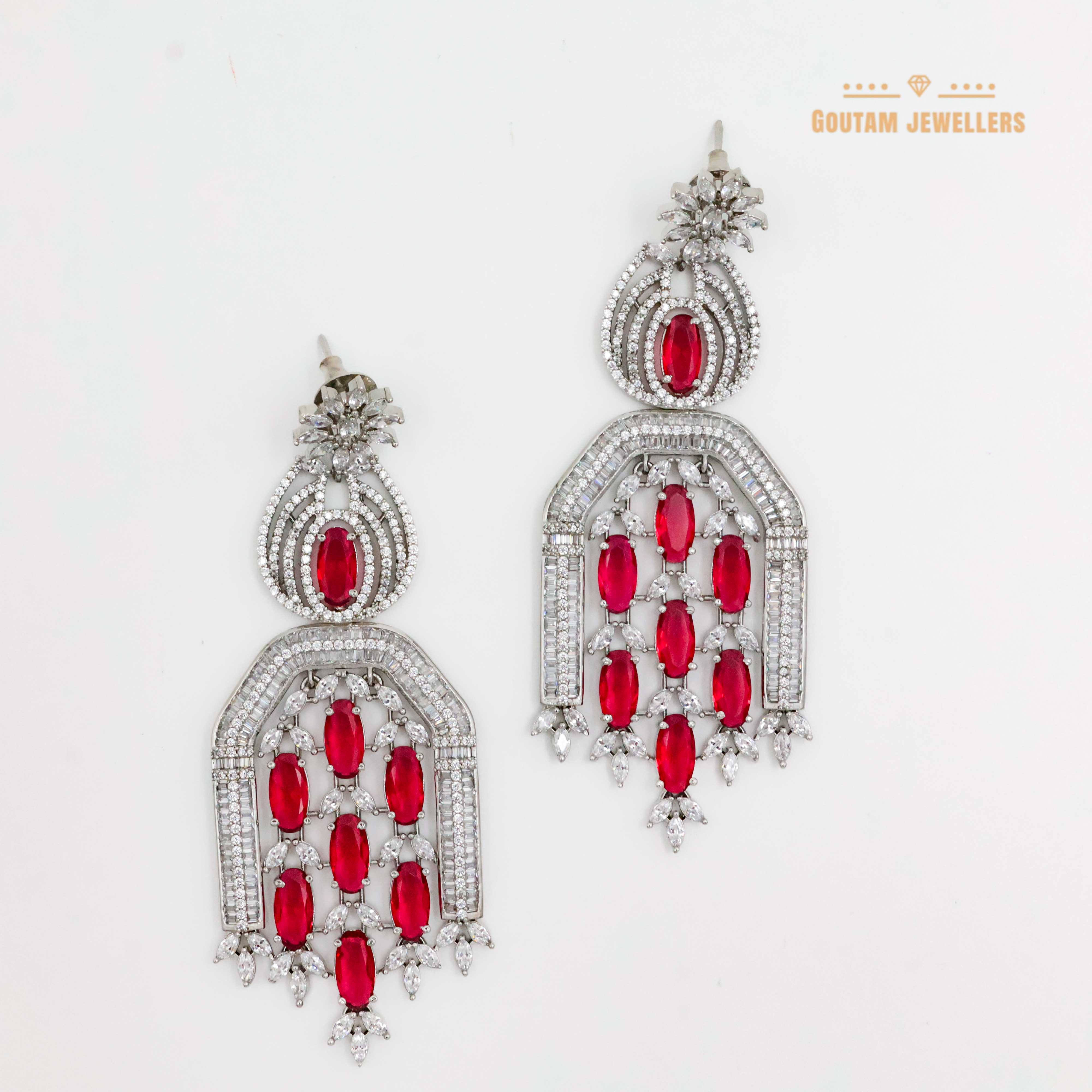 Rhodium Plated Fancy Ruby Stones Studded Cz Earrings