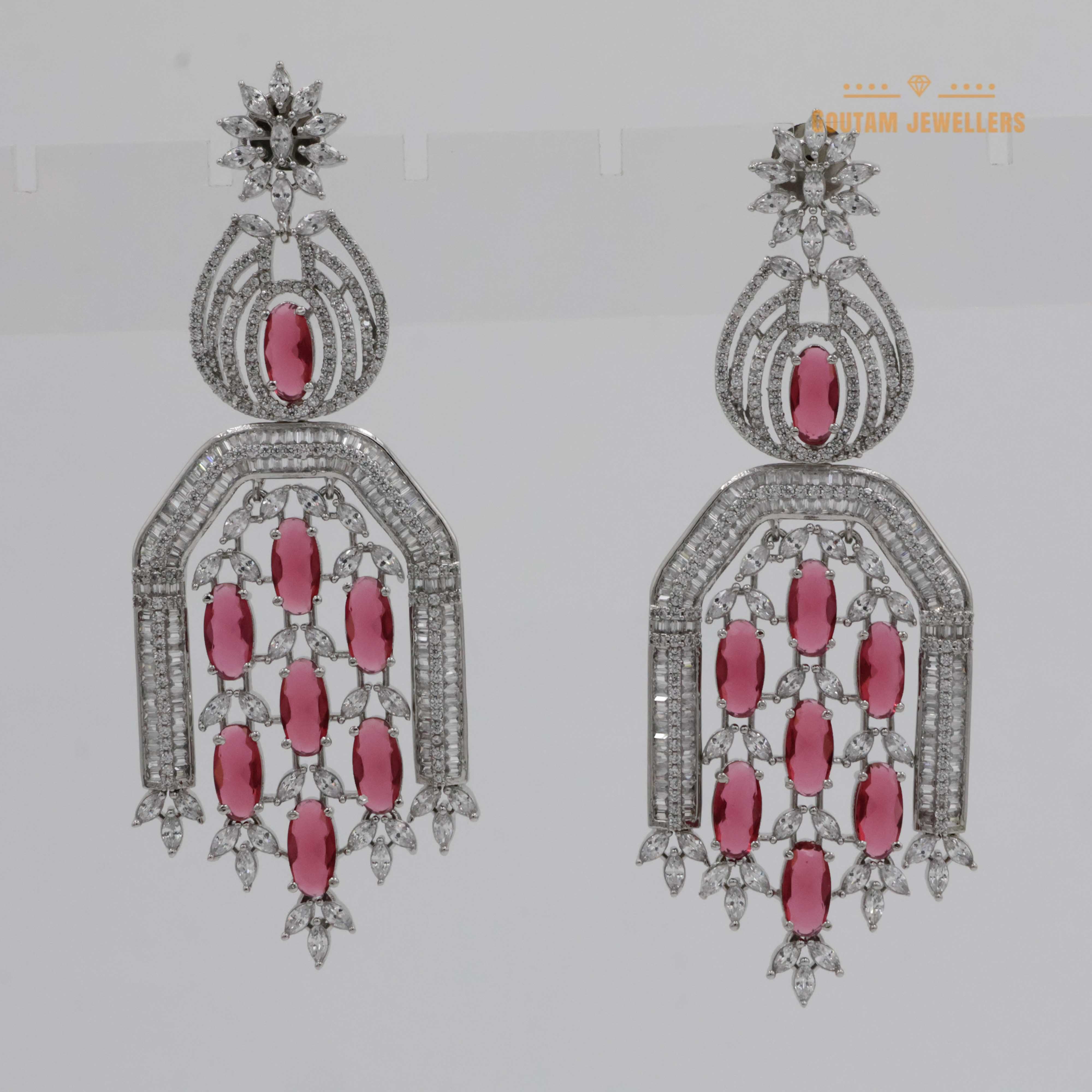 Goutam Jewellers By Ashok Rathod - Rhodium Plated Fancy Ruby Stones Studded Cz Earrings