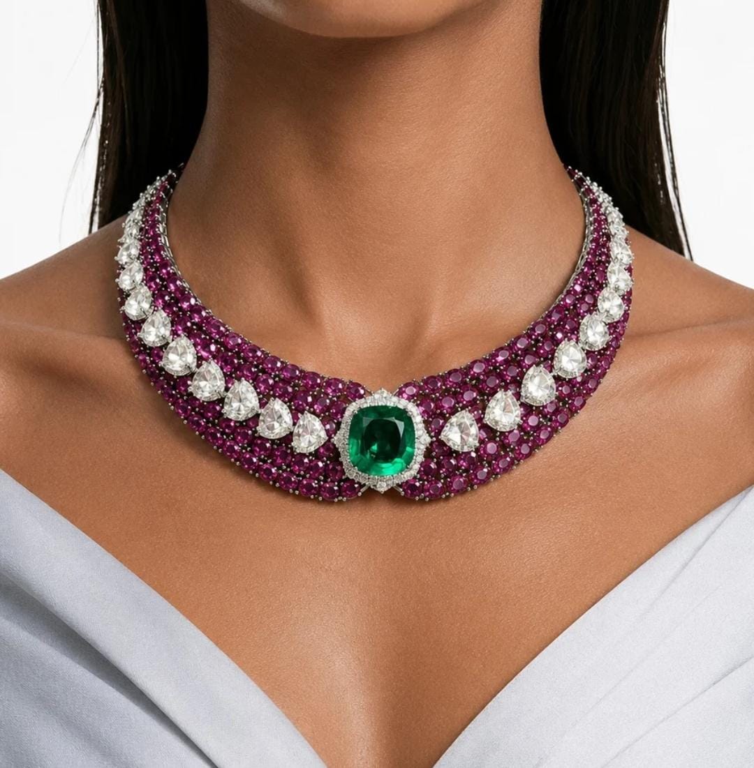 Goutam Jewellers By Ashok Rathod - Evana Ruby & Emerald Diamond Zircon Statement Necklace Set