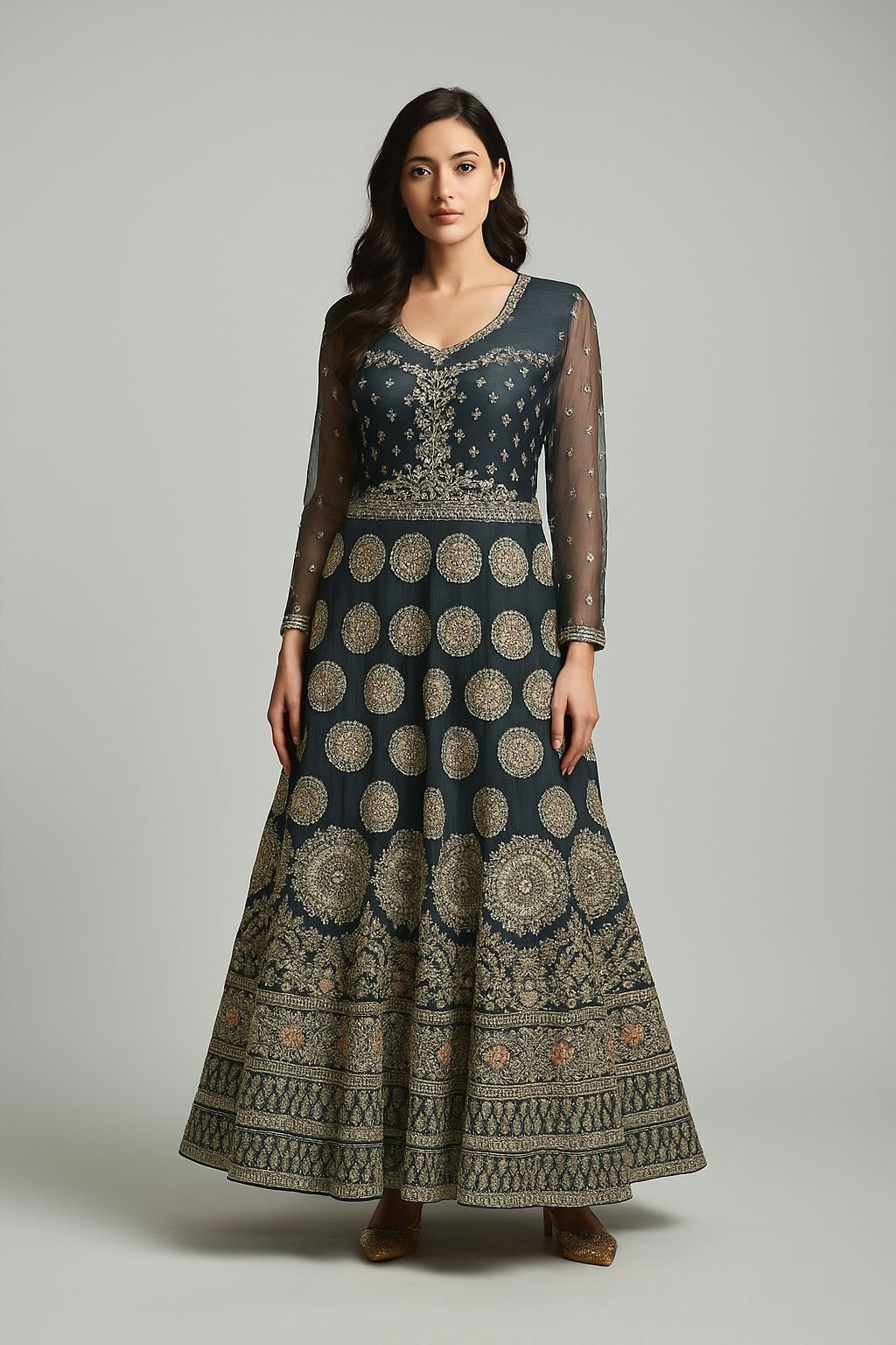Shree Shanti Selection - Women’s Teal Blue Embroidered Anarkali Gown