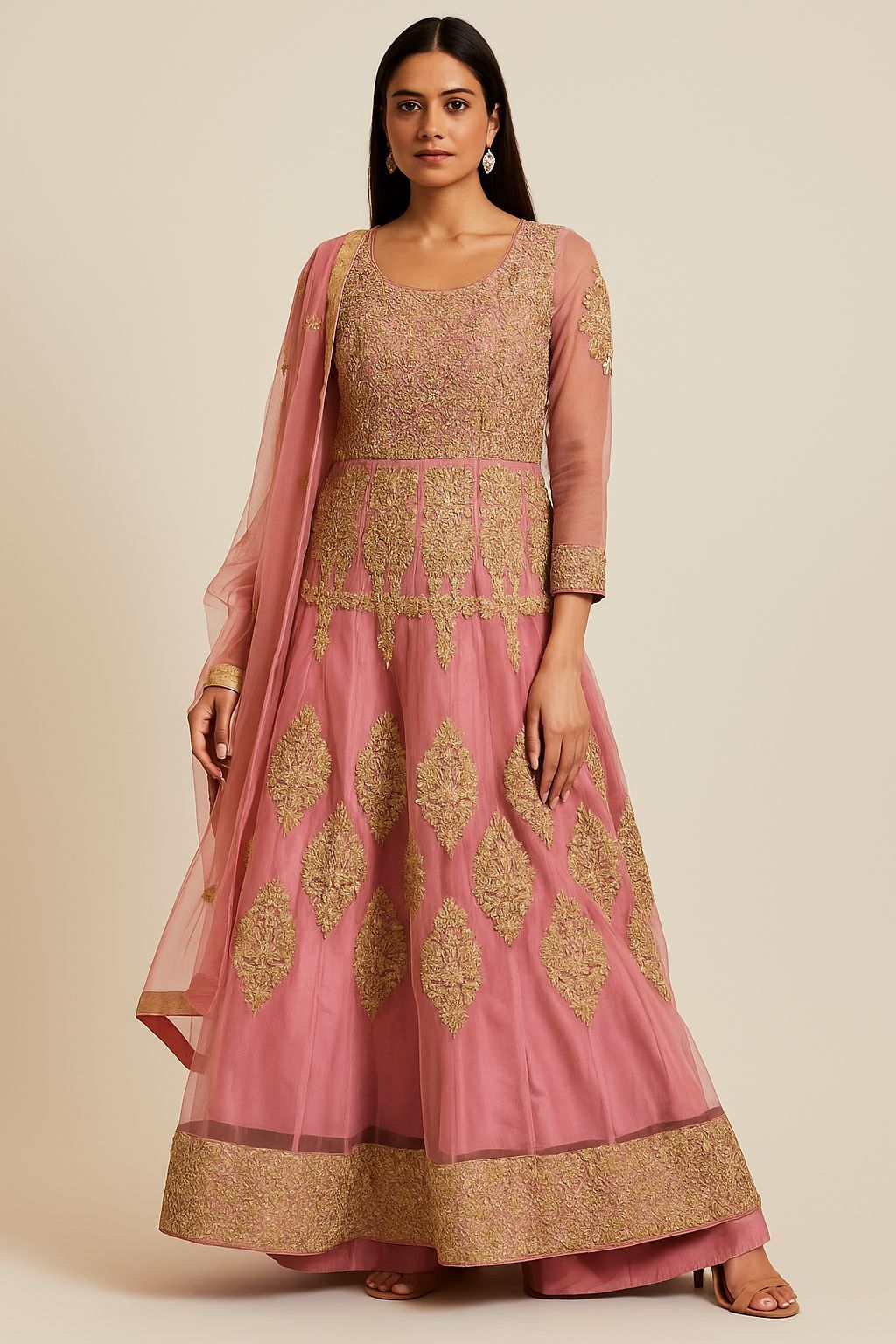 Shree Shanti Selection - Pink Embroidered Anarkali Suit with Dupatta for Women