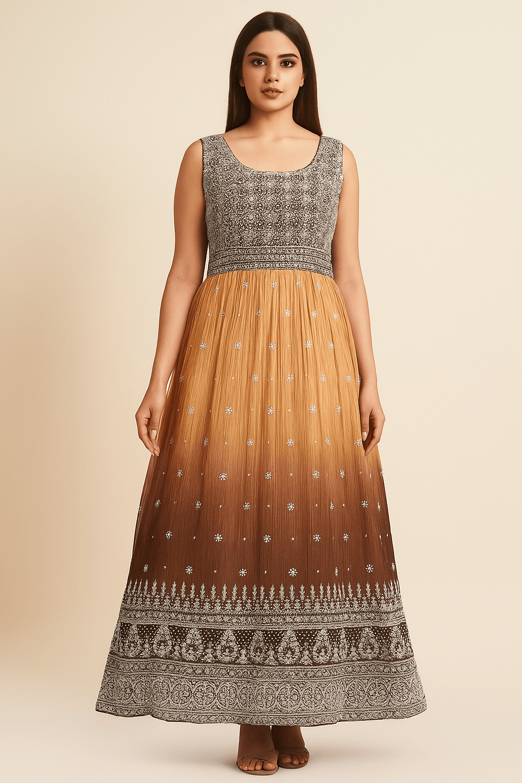 Shree Shanti Selection - Brown Ombre Printed Anarkali Dress for Women