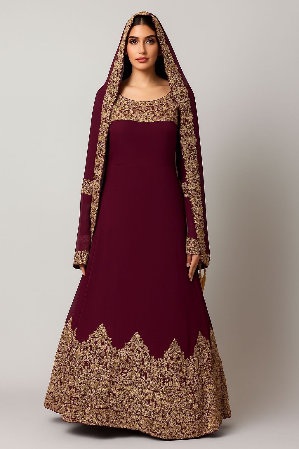 Shree Shanti Selection - Maroon Anarkali Gown with Golden Embroidery for Women