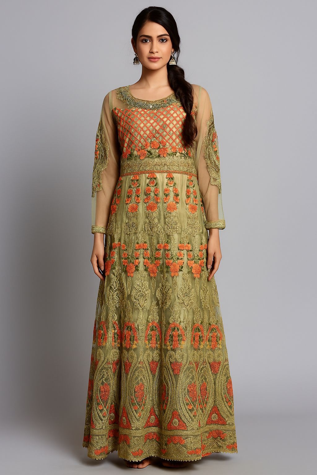 Shree Shanti Selection - Olive Green Embroidered Anarkali Gown for Women