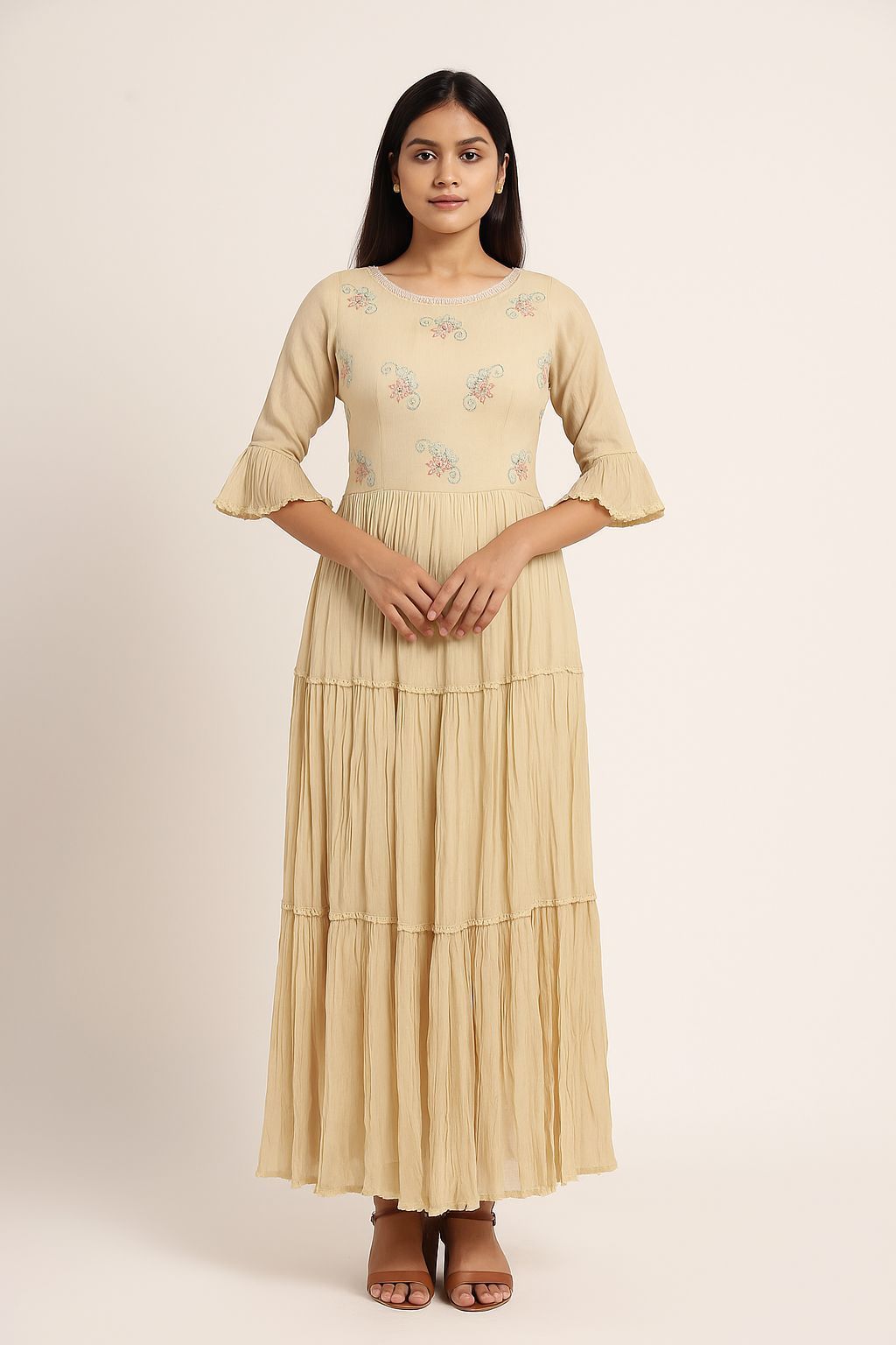 Shree Shanti Selection - Beige Embroidered Flared Sleeve Gown