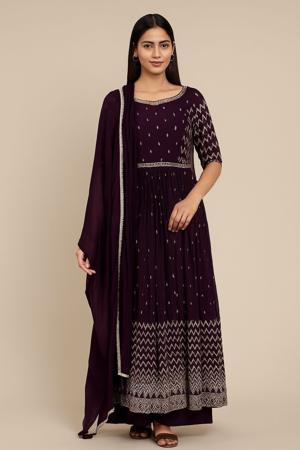 Shree Shanti Selection - Deep Purple Printed Anarkali Gown with Dupatta