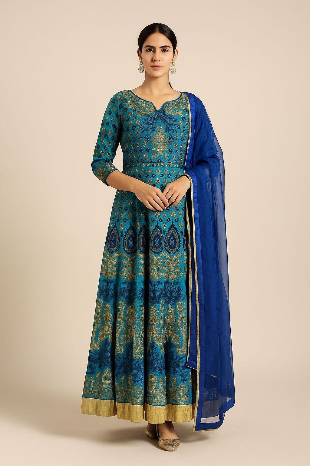 Shree Shanti Selection - Blue and Gold Printed Anarkali Gown with Dupatta