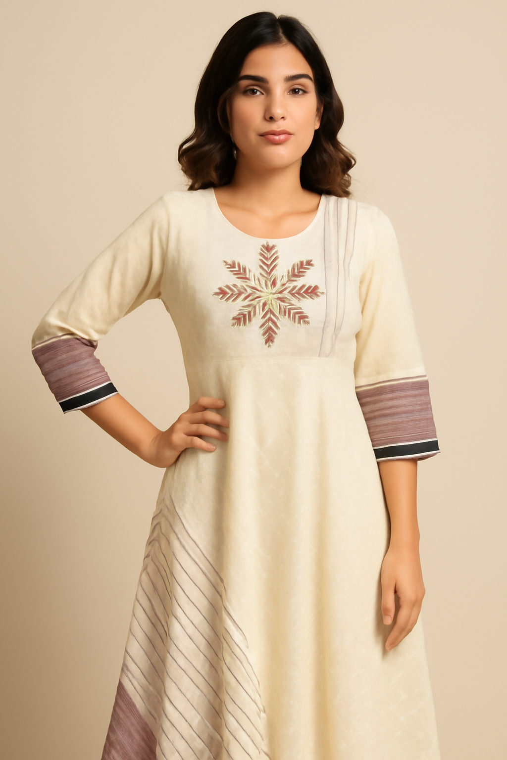 Shree Shanti Selection - Cream Embroidered A-Line Flared Kurti for Women