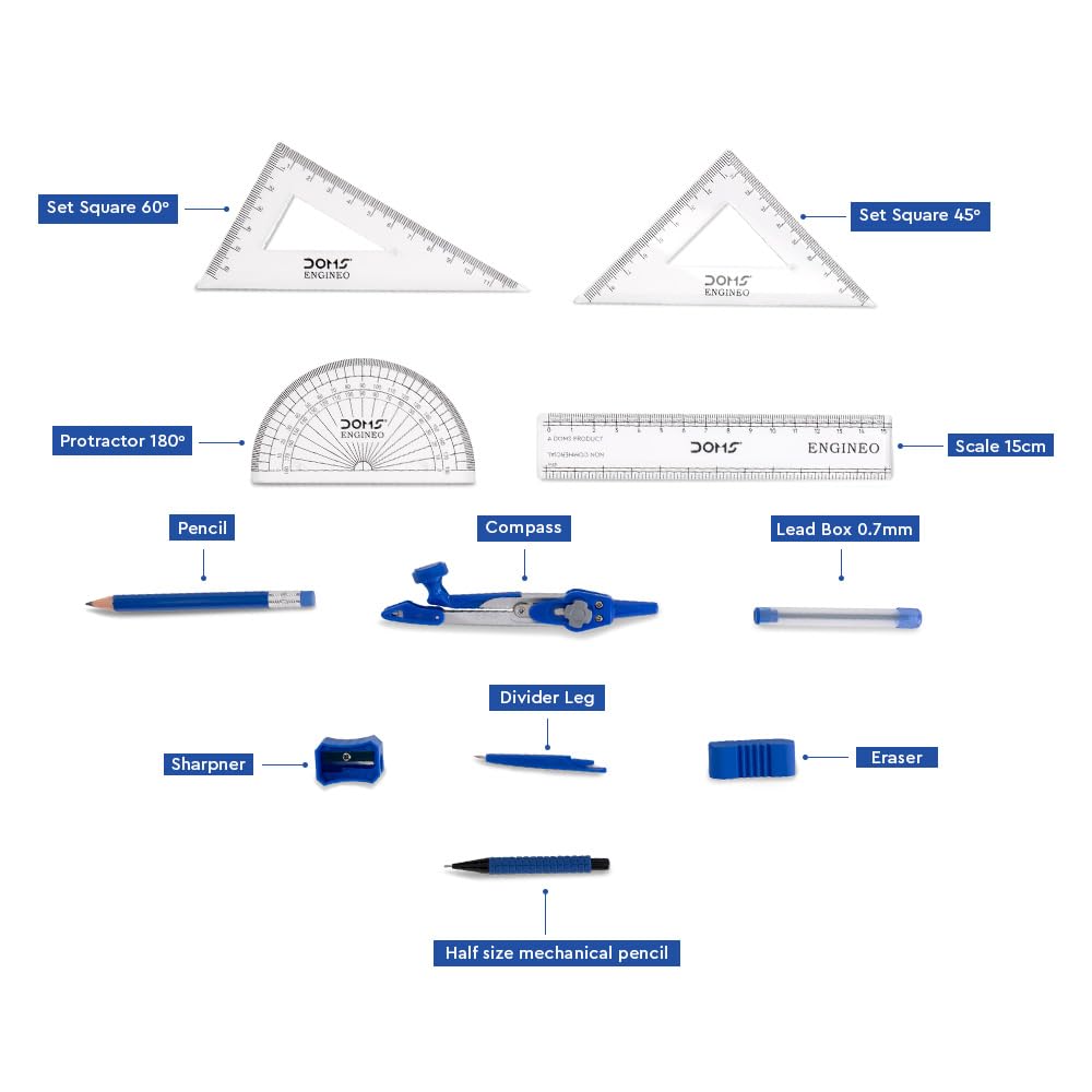 DOMS ENGINEO Geometry Box & Mathematical Drawing Instruments | 2-in-1 Convertible Leg Joint | Precision Metal Compass Set for Students & Engineers -
