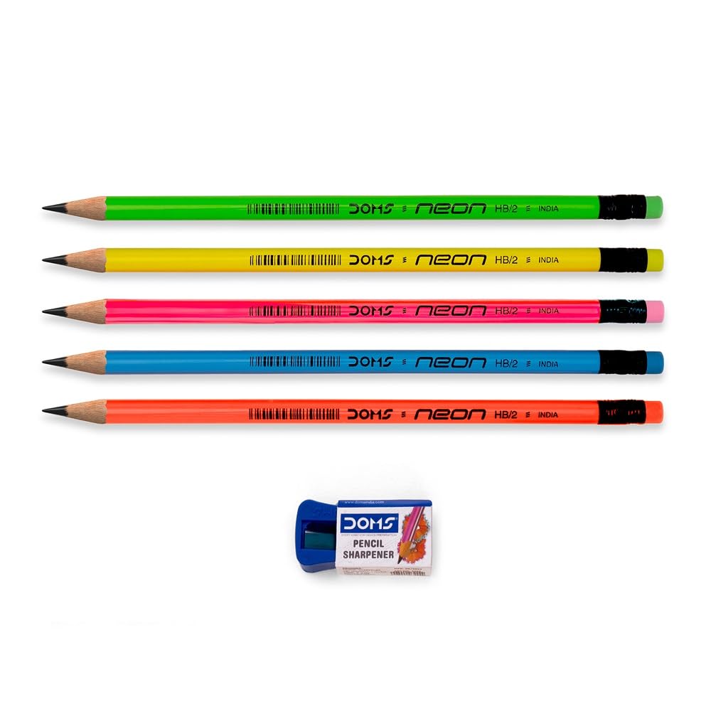 “DOMS Neon Rubber-Tipped HB/2 Graphite Pencils – Pack of 10 with Free Sharpener | Non-Toxic School & Study Pencils” -