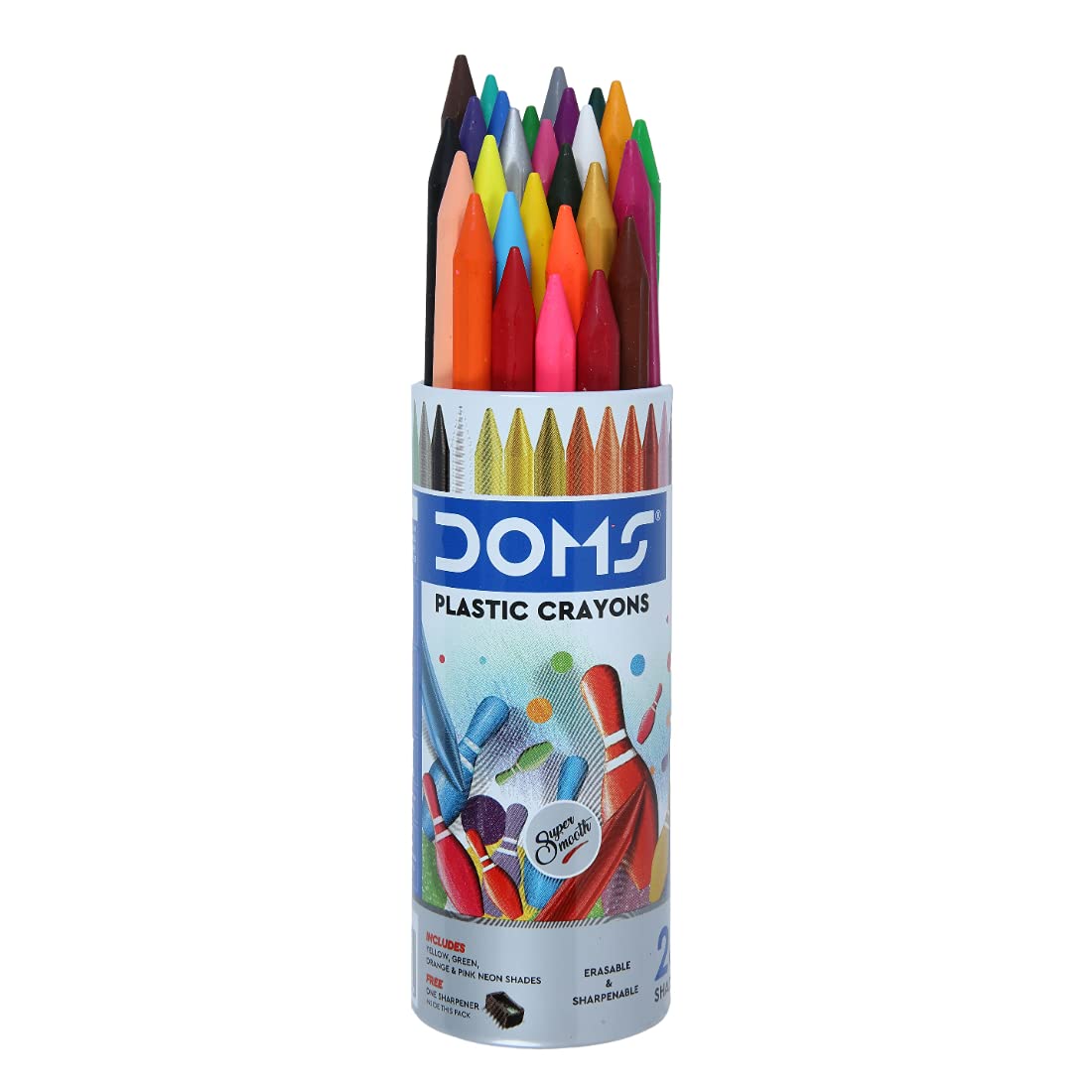 DOMS 28 Shades Erasable Plastic Crayons | Round Tin Box | Smooth & Even Shading | Bright & Playful Colours | Free Sharpener Inside | Non-Toxic & Safe for Kids -