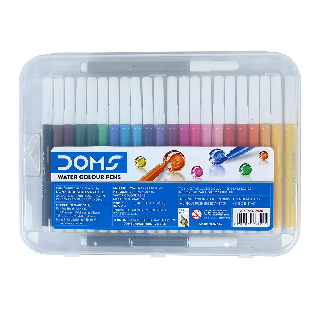 DOMS Aqua 24 Shades Watercolour Sketch Pen Set | Bright & Intense Colours | Push-Resistant Tips for Smooth Drawing | Non-Toxic & Safe for Kids | Ideal for Doodling & Mandala Art -