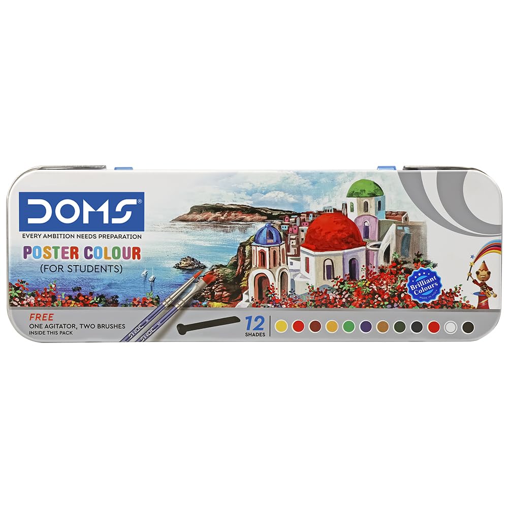 DOMS 12 Shades Poster Colours | Rich & Vibrant Paints for Art & Craft | Free Agitator & Brush Inside for Smooth Mixing | Non-Toxic & Safe for Kids -