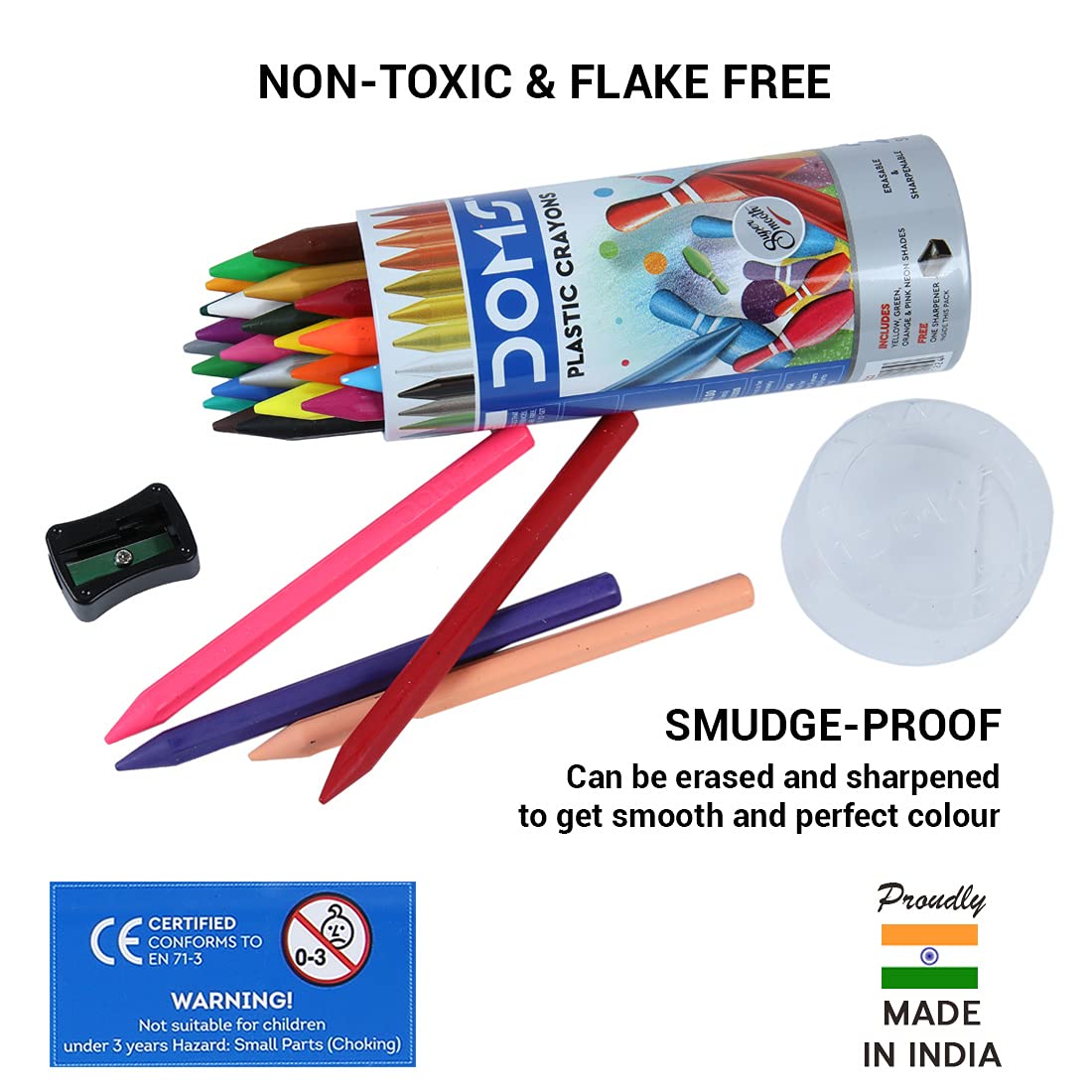 DOMS 28 Shades Erasable Plastic Crayons | Round Tin Box | Smooth & Even Shading | Bright & Playful Colours | Free Sharpener Inside | Non-Toxic & Safe for Kids -