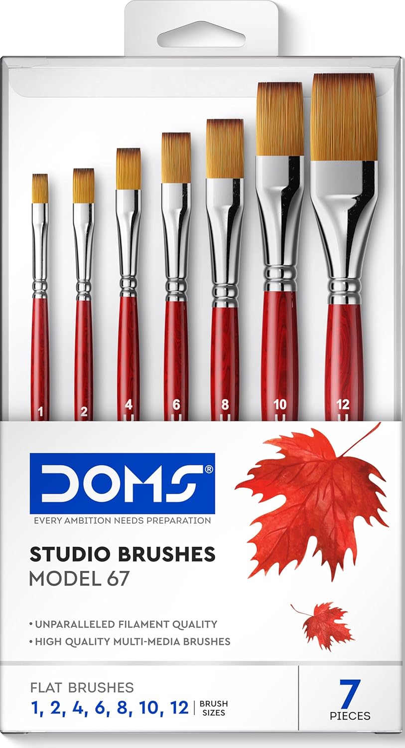 DOMS Studio Brushes Set of 7 Flat Brushes (No. 1, 2, 4, 6, 8, 10, 12) | Model 67 | Professional Multimedia Paint Brushes for Artists | Smooth Filament Bristles -