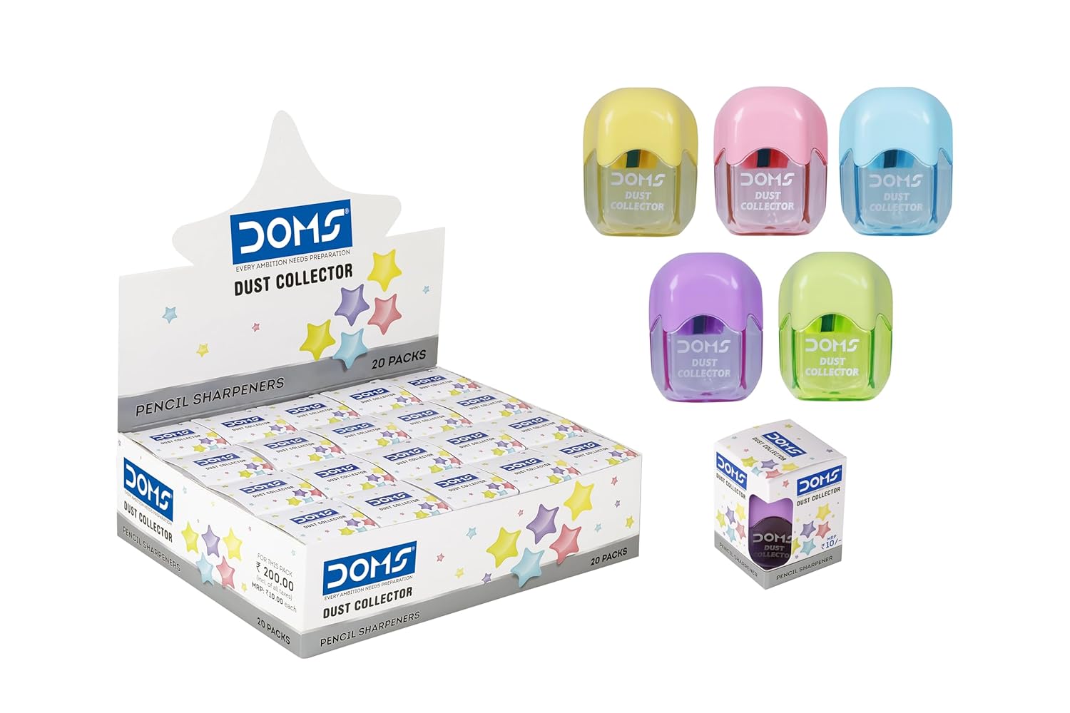 DOMS Multicolour Dust Collector Sharpeners | Mess-Free Sharpener with Waste Box | Safe & Durable Plastic Body | Ideal for Kids & School Use -