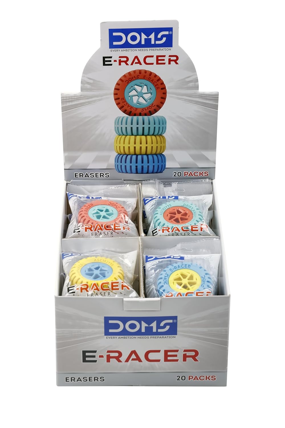 DOMS E-Racer Round Erasers Pack of 20 | Fun Wheel Shape for Easy Grip | Non-Toxic & Safe for Kids | Clean Erasing | Multi-Colour Erasers for School & Gifting -