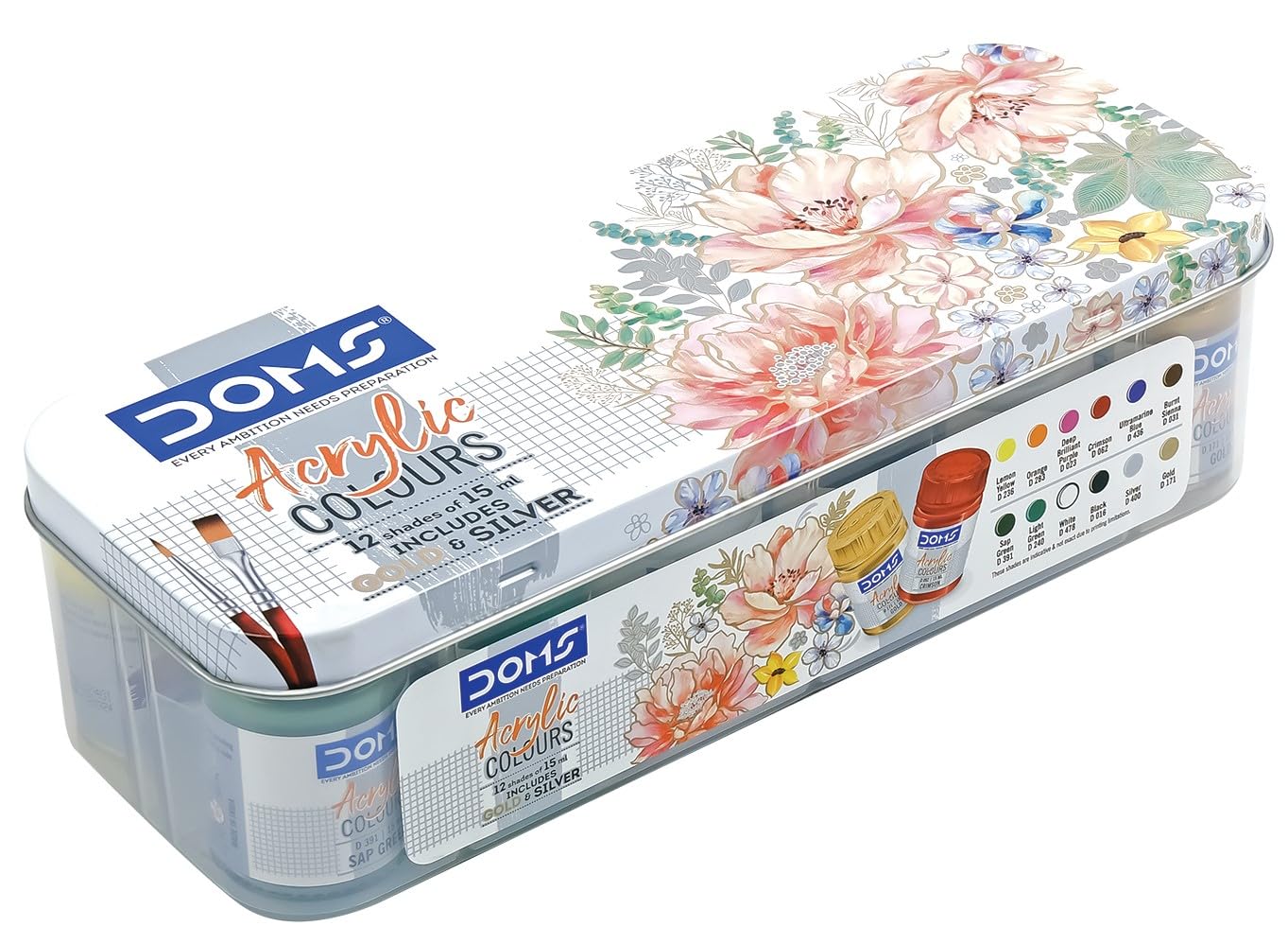 DOMS Acrylic Colours 12 Shades Kit (15ml Each) | Includes Gold & Silver | 2 Brushes Inside | Rich Pigment DIY Paint for Canvas, Wood & Metal -