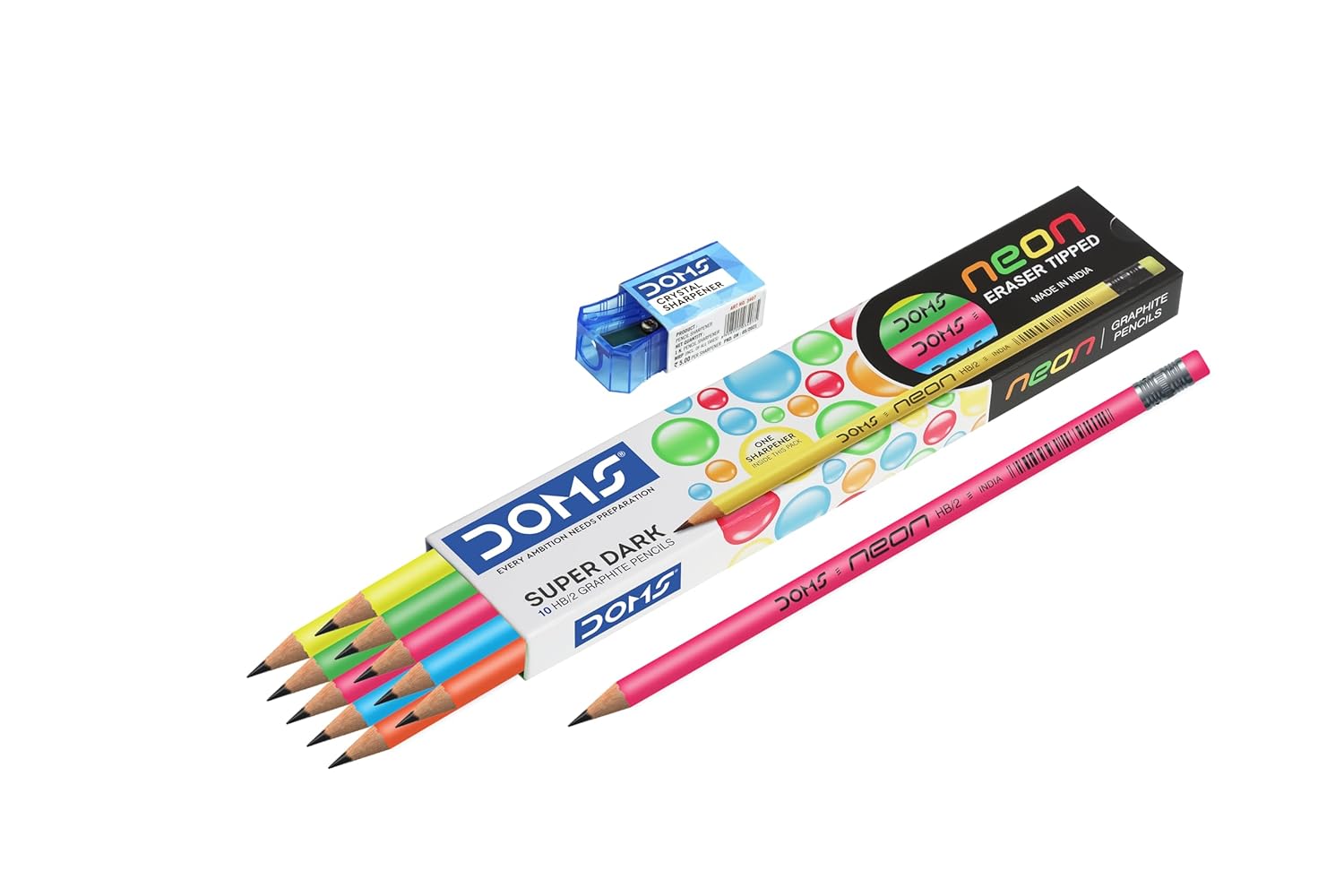 “DOMS Neon Rubber-Tipped HB/2 Graphite Pencils – Pack of 10 with Free Sharpener | Non-Toxic School & Study Pencils” -