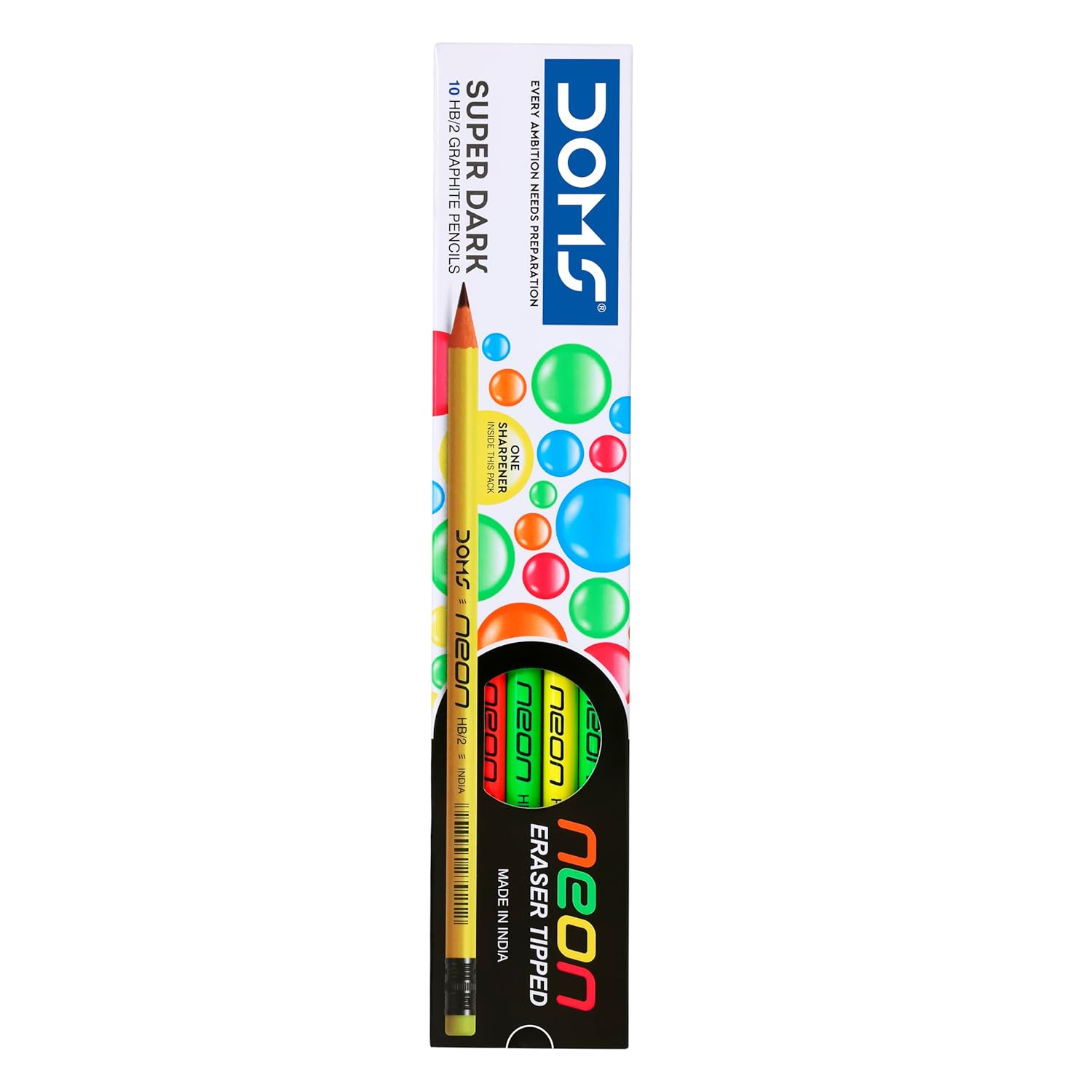 “DOMS Neon Rubber-Tipped HB/2 Graphite Pencils – Pack of 10 with Free Sharpener | Non-Toxic School & Study Pencils” -