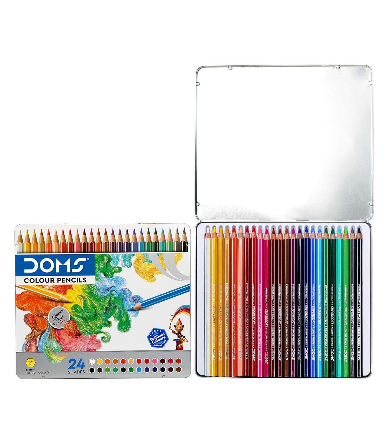 DOMS 24 Shades Super Soft Colour Pencils | Flat Tin Box | Smooth & Rich Colour Application | Non-Toxic Art Pencils for Kids & Artists | Multicolour Drawing Set -