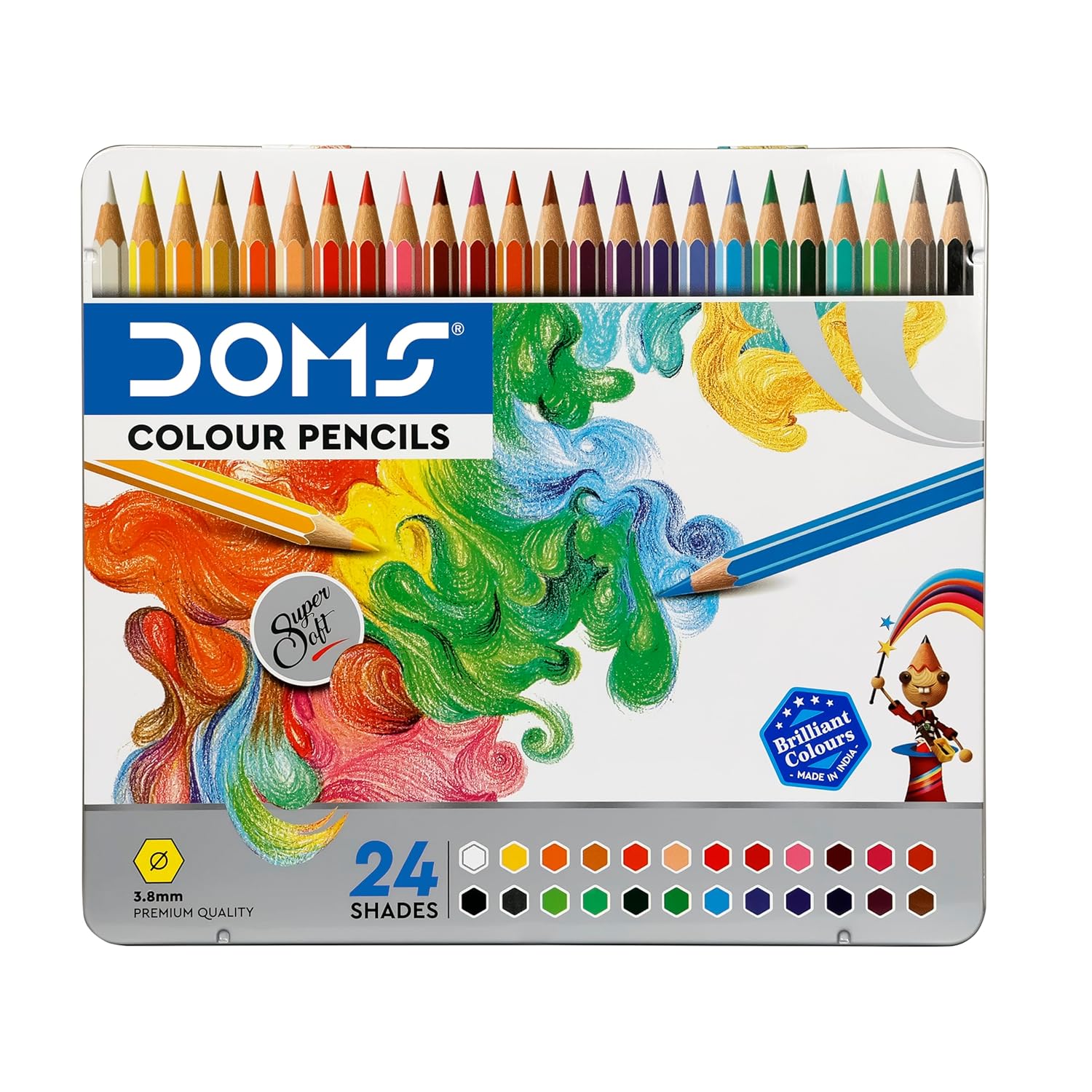 DOMS 24 Shades Super Soft Colour Pencils | Flat Tin Box | Smooth & Rich Colour Application | Non-Toxic Art Pencils for Kids & Artists | Multicolour Drawing Set -