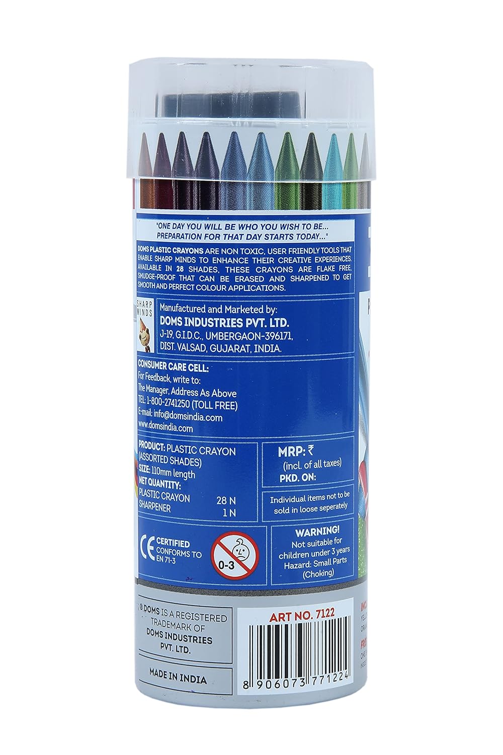 DOMS 28 Shades Erasable Plastic Crayons | Round Tin Box | Smooth & Even Shading | Bright & Playful Colours | Free Sharpener Inside | Non-Toxic & Safe for Kids -
