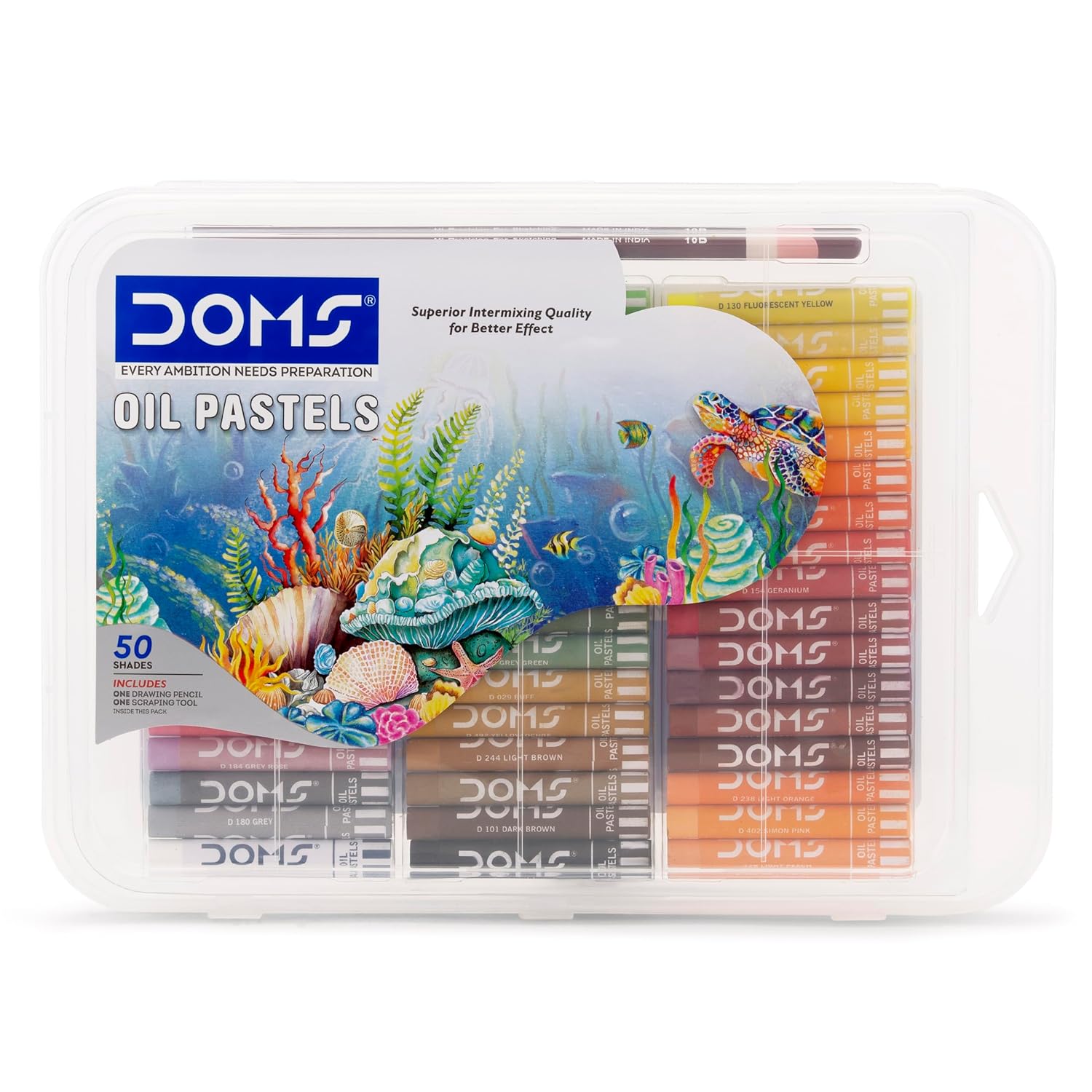 DOMS 50 Shades Oil Pastels with Plastic Case | Smooth Colour Blending for Artistic Effects | Bright & Intense Shades | Free Scraping Tool | Non-Toxic & Safe for Kids -