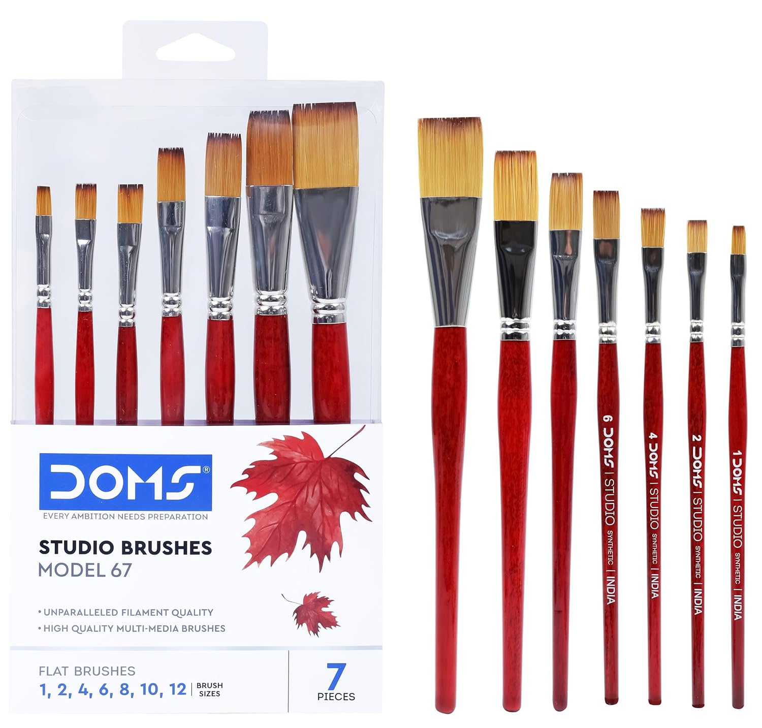 DOMS Studio Brushes Set of 7 Flat Brushes (No. 1, 2, 4, 6, 8, 10, 12) | Model 67 | Professional Multimedia Paint Brushes for Artists | Smooth Filament Bristles -