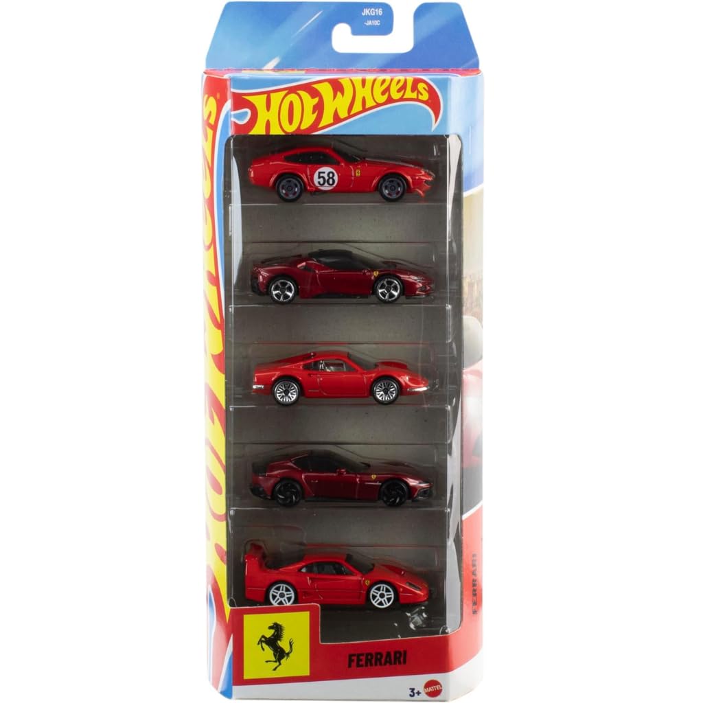 The Urban Bazar - Hot Wheels Ferrari 5-Pack 1:64 Scale Die-Cast Toy Cars, Set of 5 Official Ferrari Collectible Sports Cars for Kids, Collectors & Display